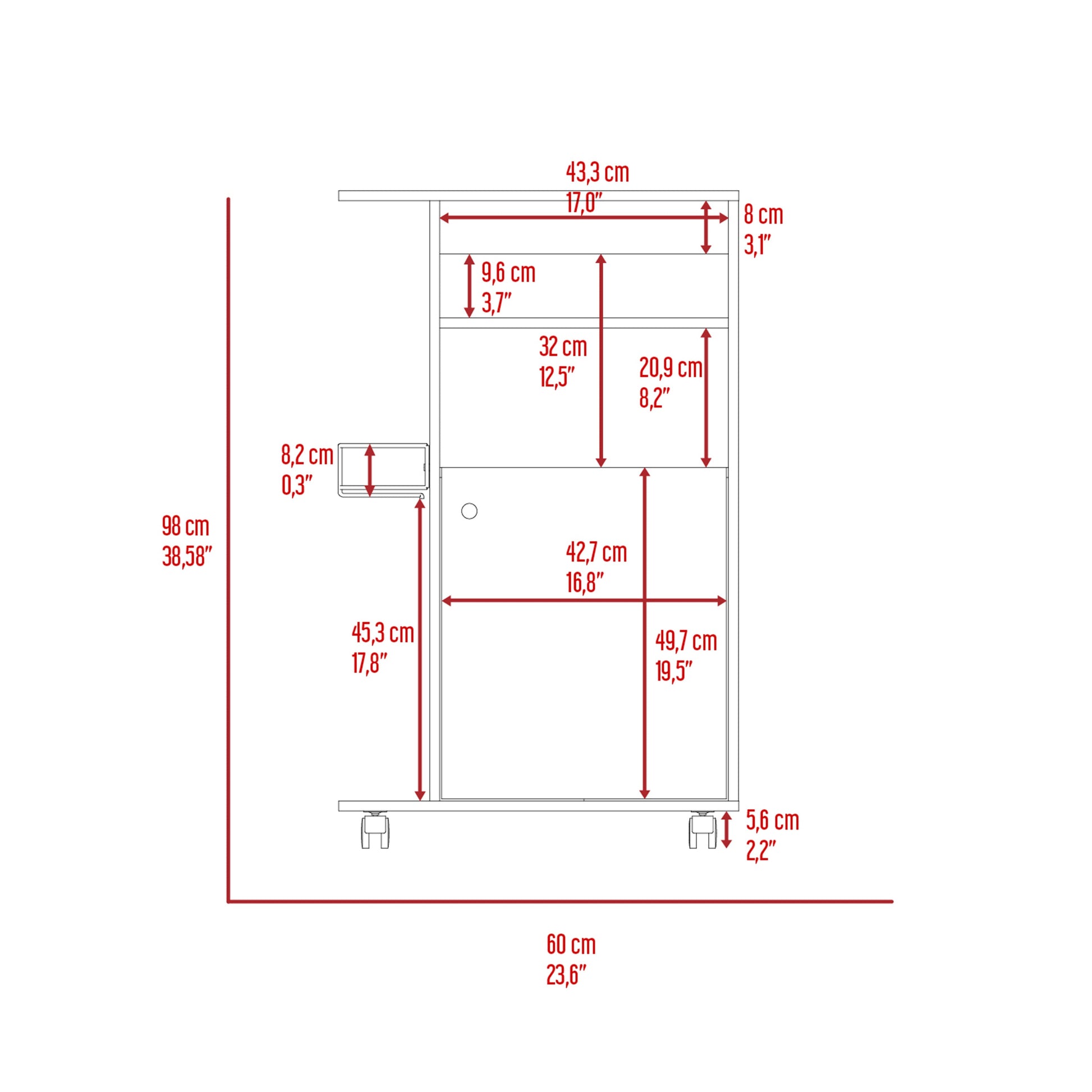 Line drawing diagram of a rolling utility cart with dimensions