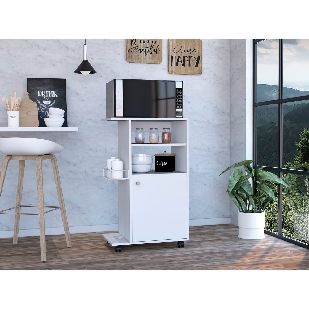 White microwave cart with coffee canister and bowls for kitchen storage