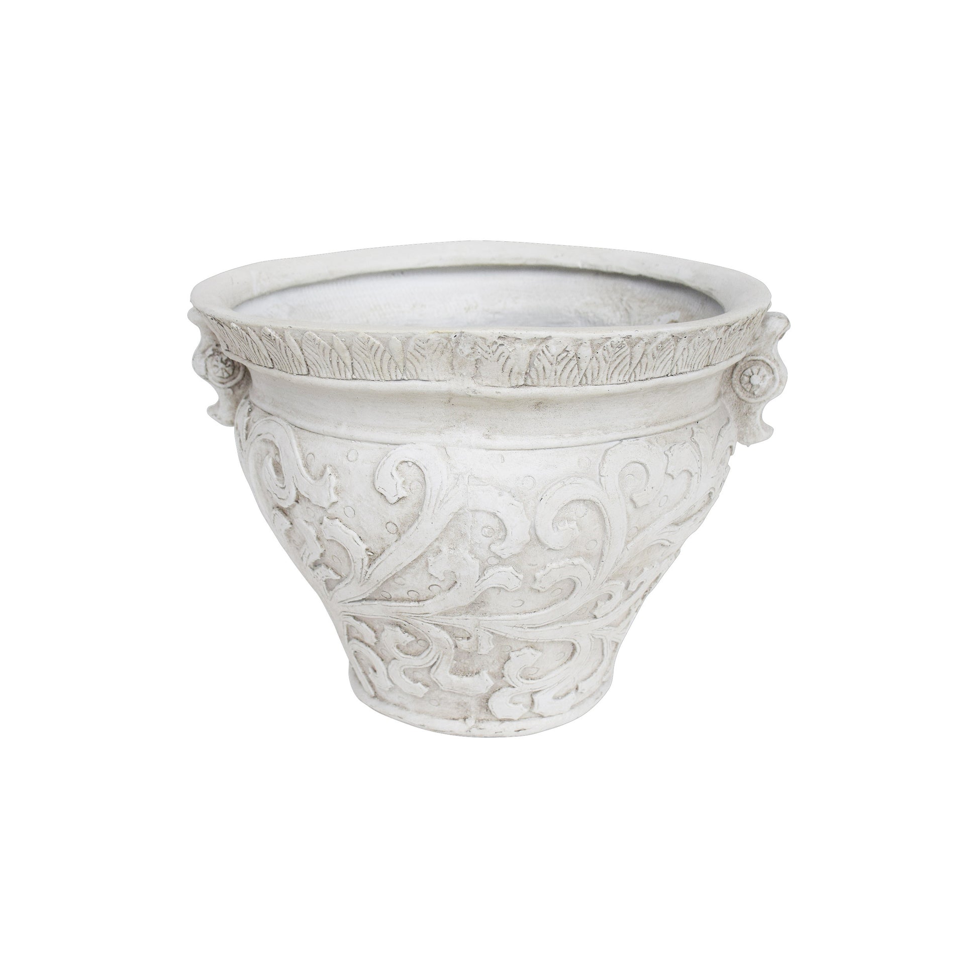 Vintage ornate stone planter with scrolled detailing and handles