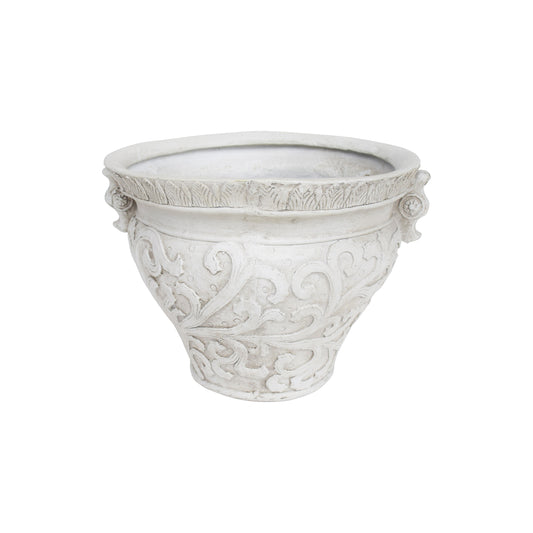 Vintage ornate stone planter with scrolled detailing and handles
