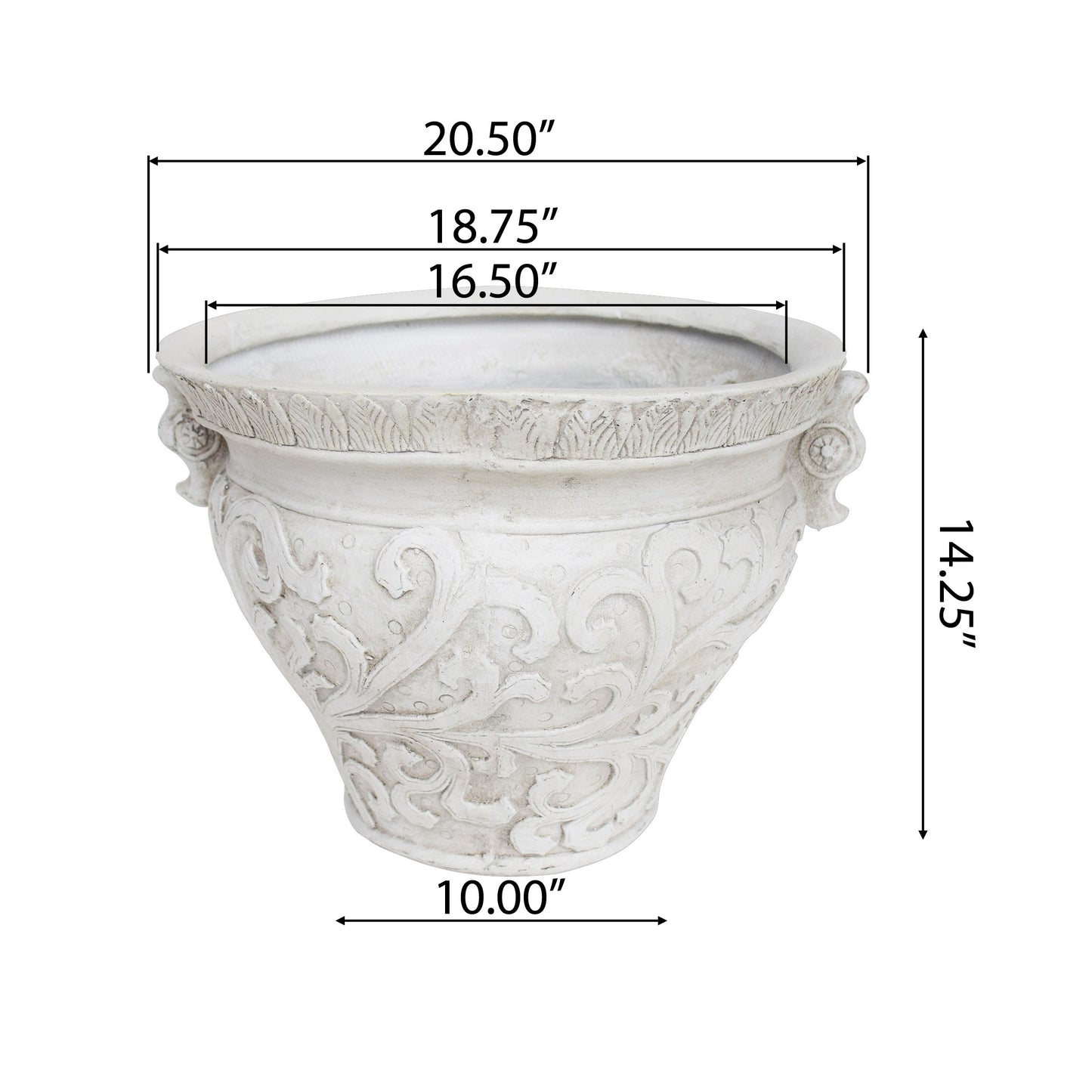 Ornate white ceramic planter with embossed scrolling vine patterns and handle accents