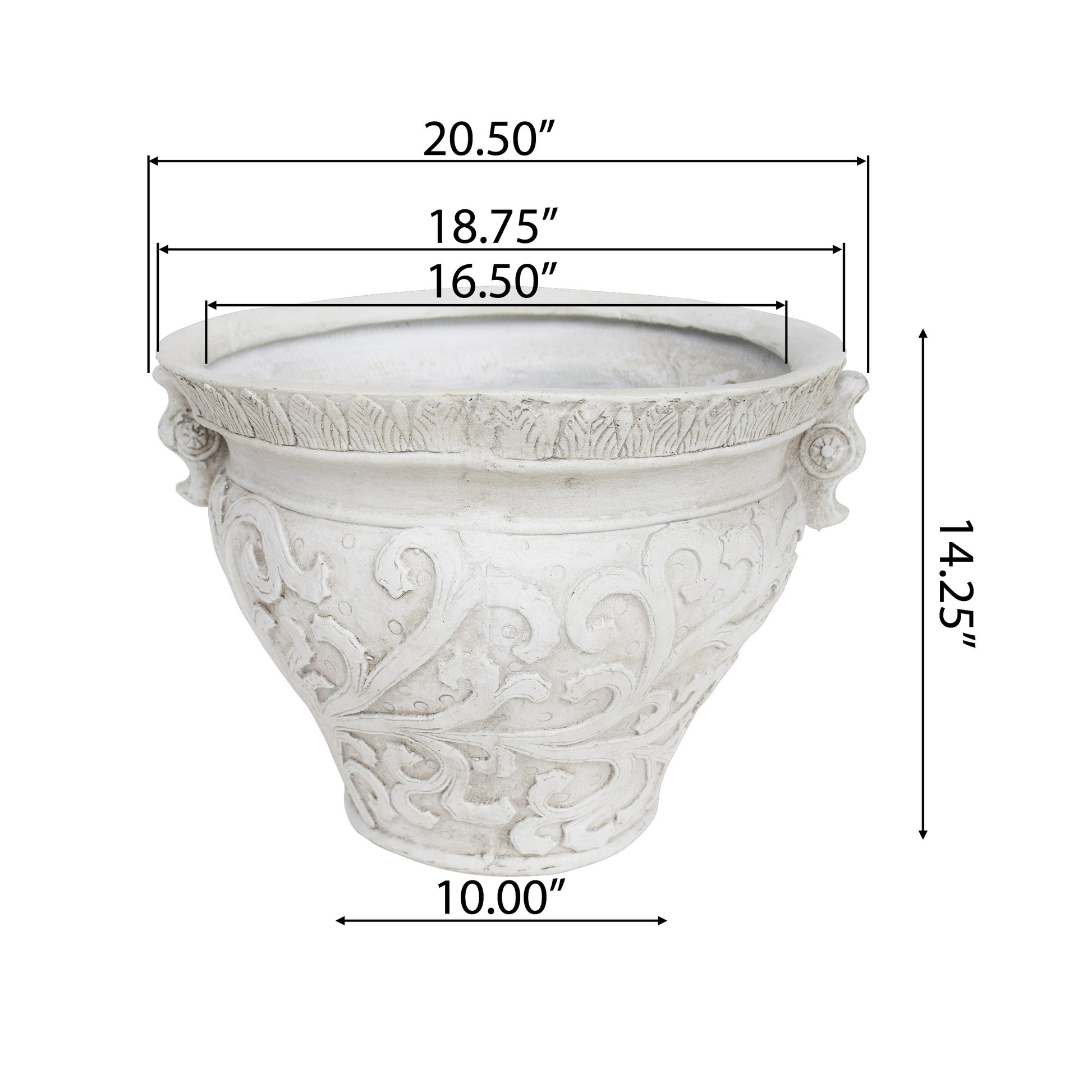 Ornate white ceramic planter with embossed scrolling vine patterns and handle accents