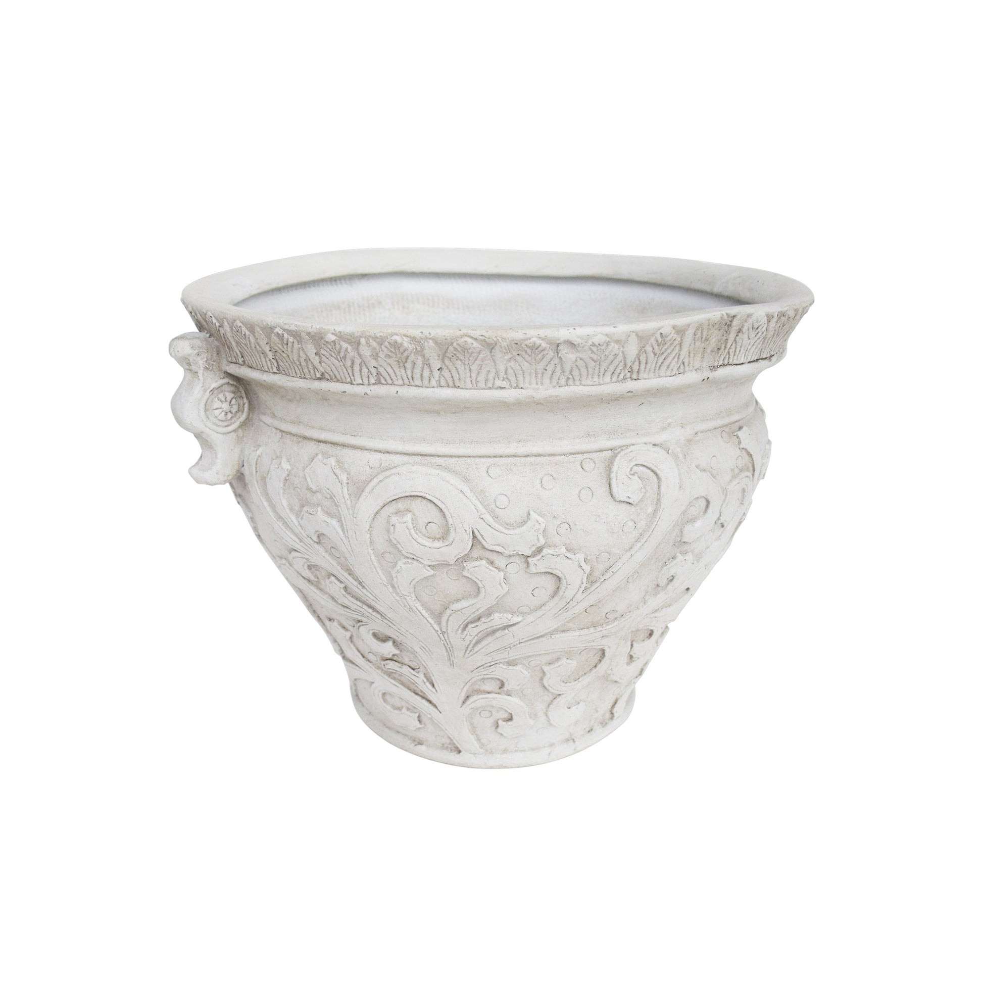 Ornate white ceramic planter with embossed scrollwork and decorative handles