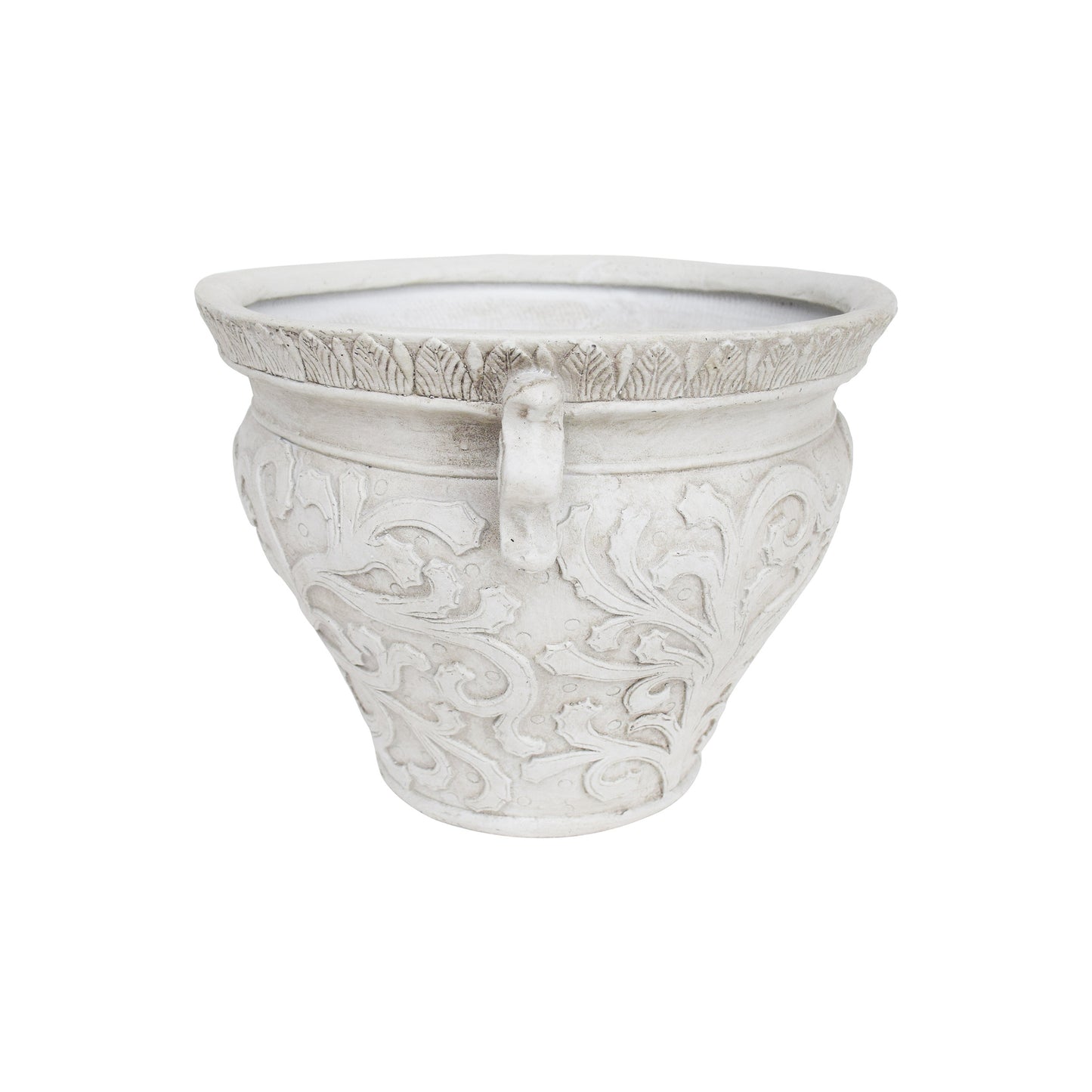 Ornate white ceramic planter with ornate scrollwork perfect for indoor plants