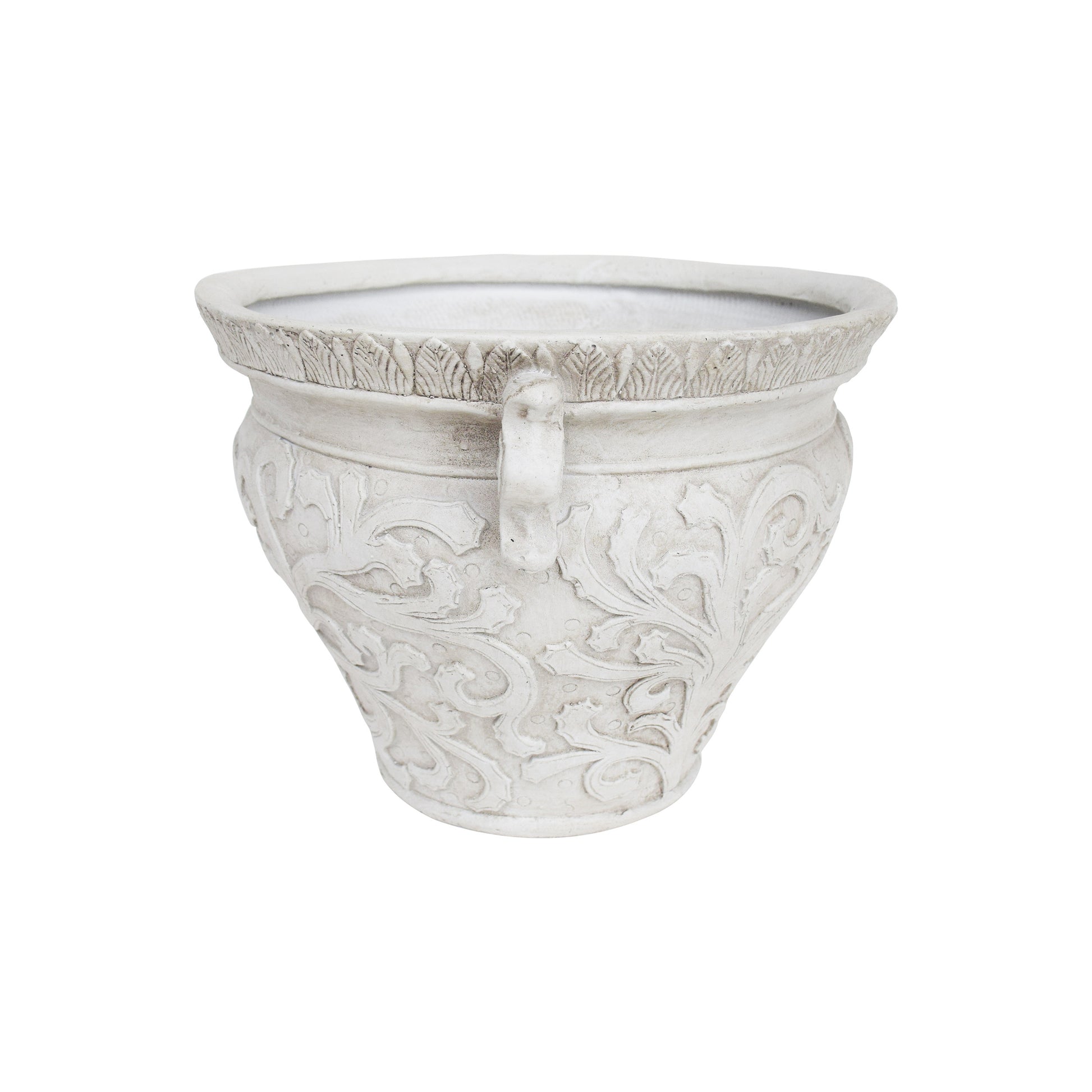 Ornate white ceramic planter with ornate scrollwork perfect for indoor plants