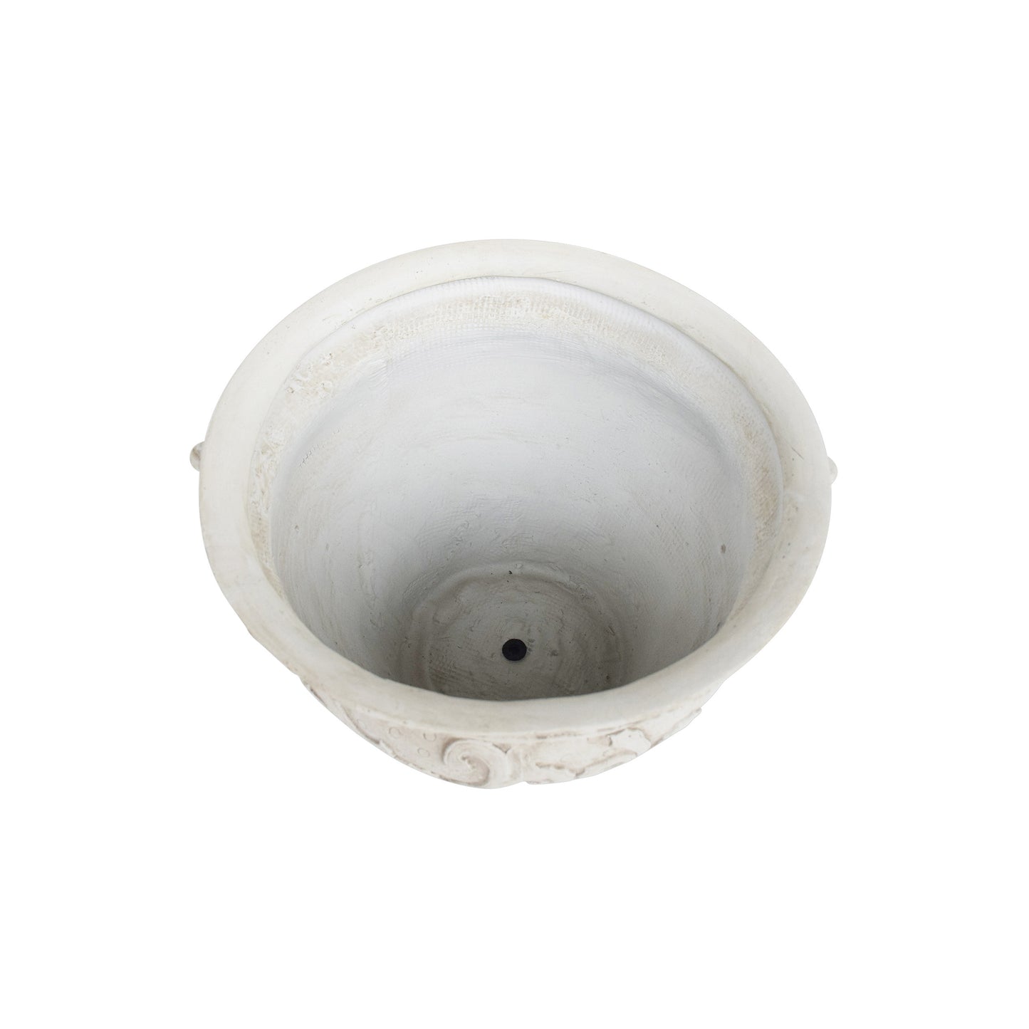 A white antiquestyle ceramic planter pot with embossed detailing and a drainage hole