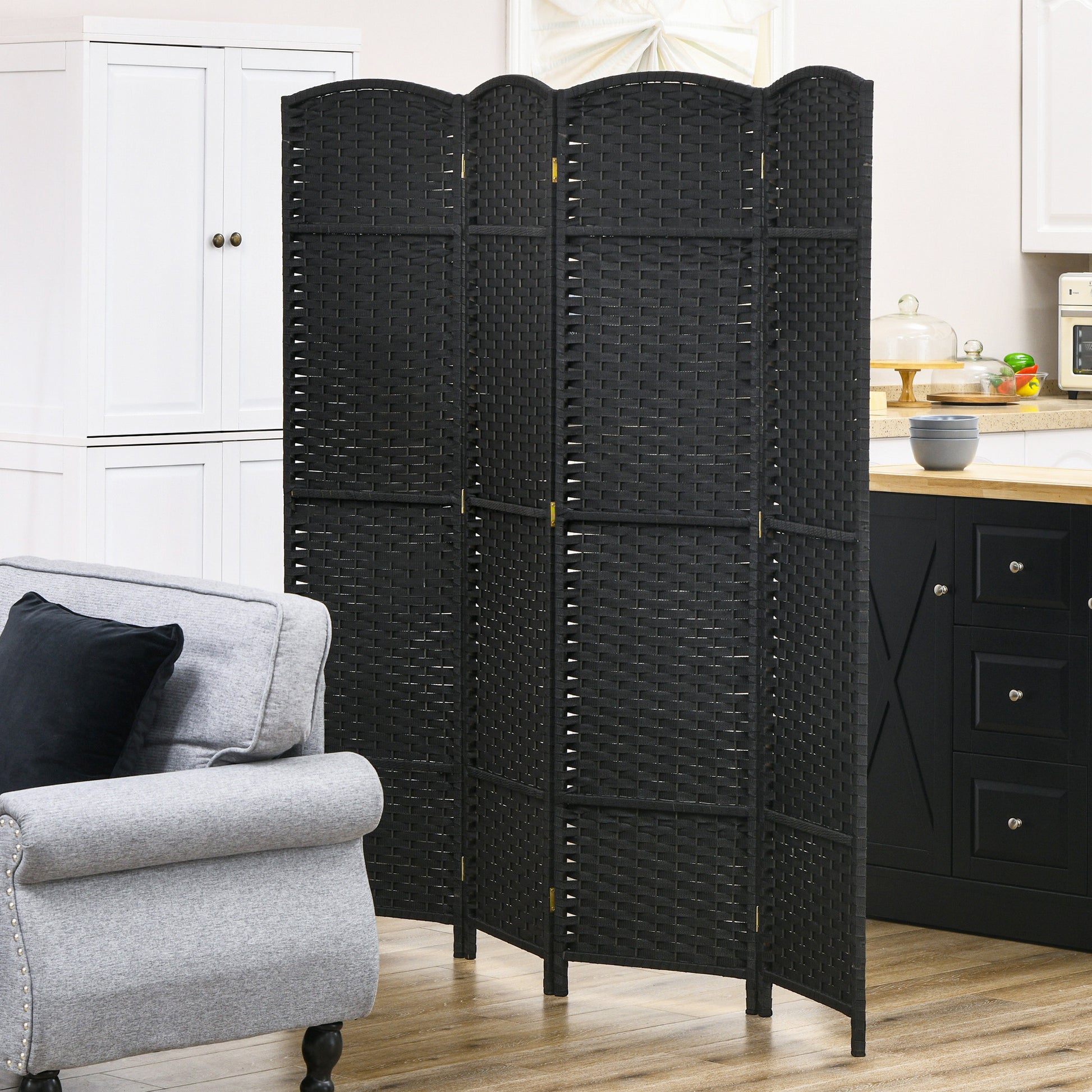 Black panel woven room divider with curved top edges ideal for privacy
