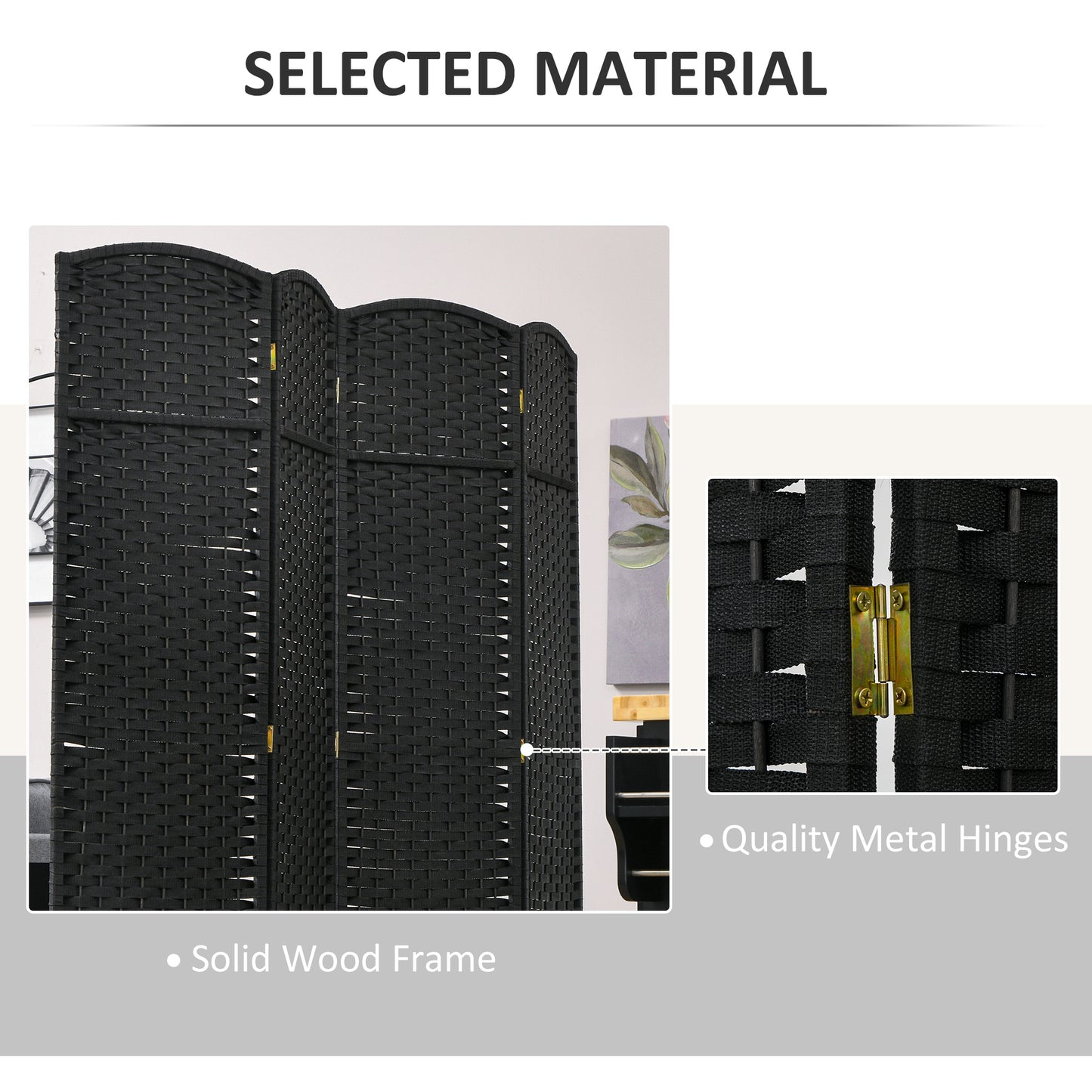 Black woven room divider with curved top panels and visible metal hinges
