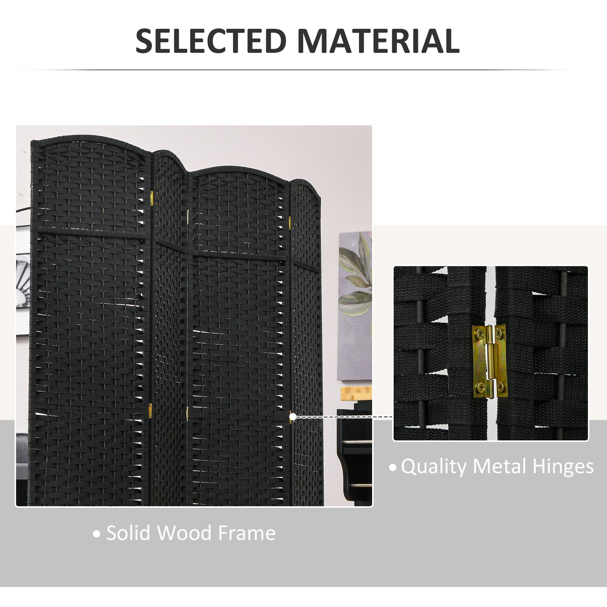 Black woven room divider with curved top panels and visible metal hinges