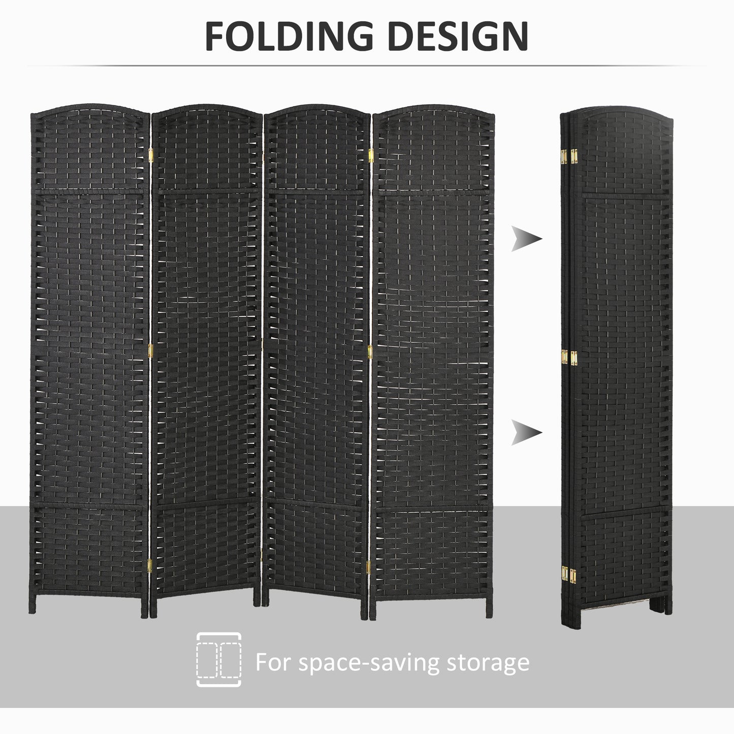 Black woven panel room divider with folding design for privacy and space saving