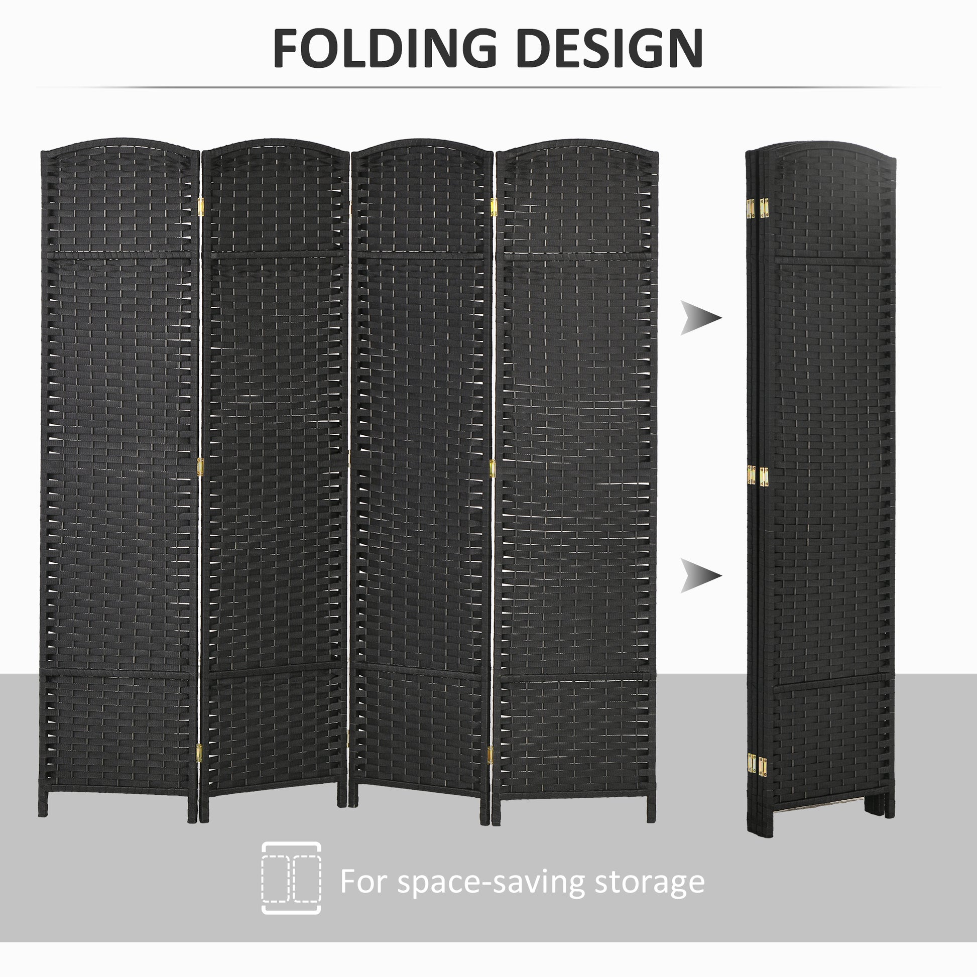 Black woven panel room divider with folding design for privacy and space saving