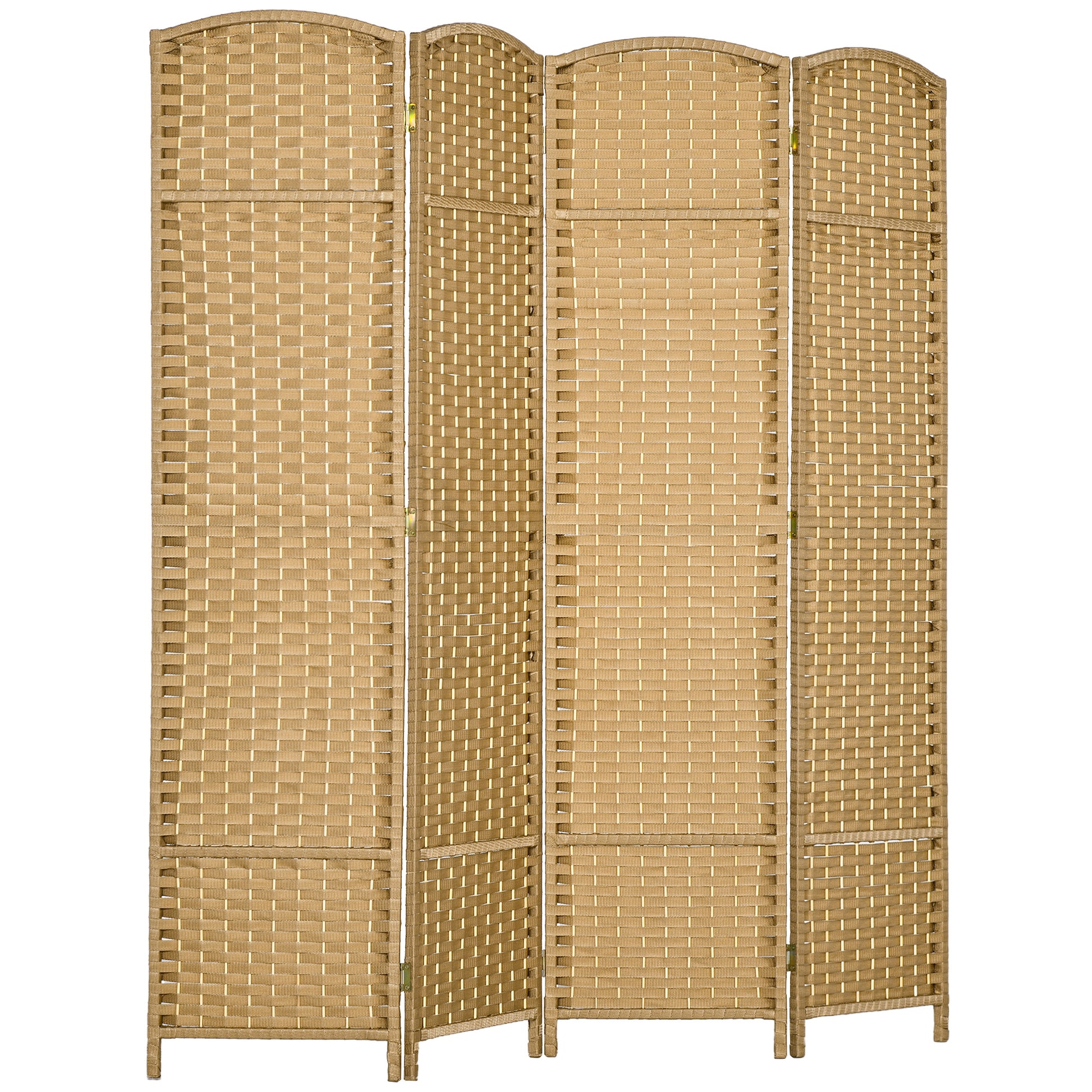 A tan woven panel room divider with curved top panels and wooden legs
