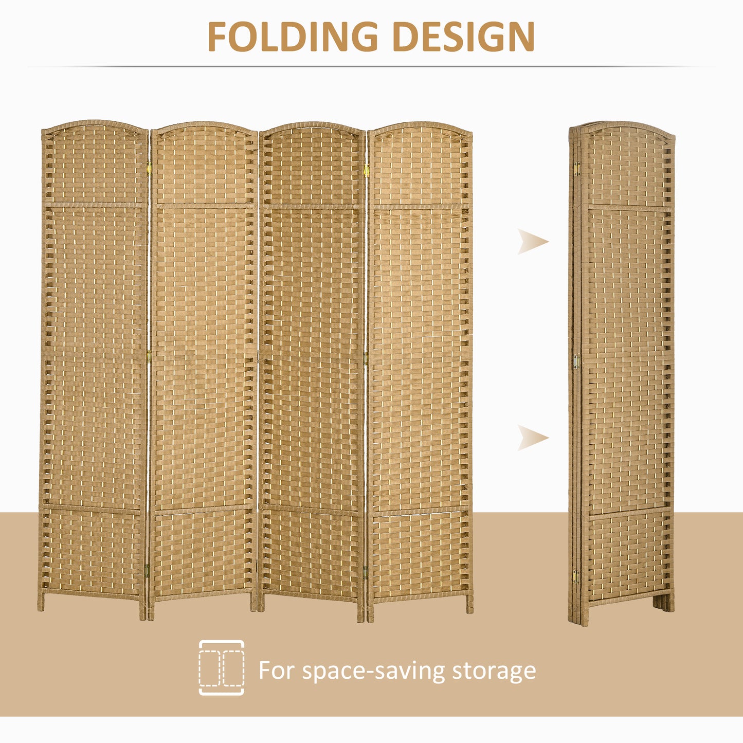 Tan wicker room divider with five folding panels for privacy