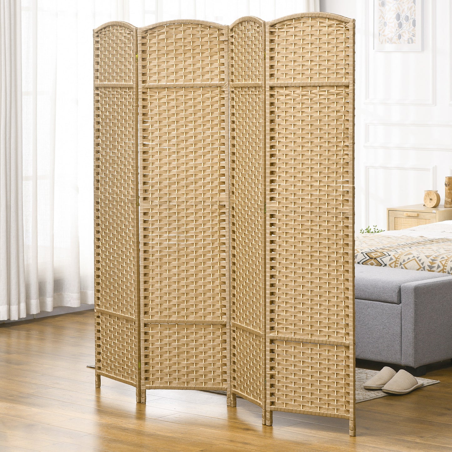 Fourpanel woven room divider in natural beige adds privacy and style