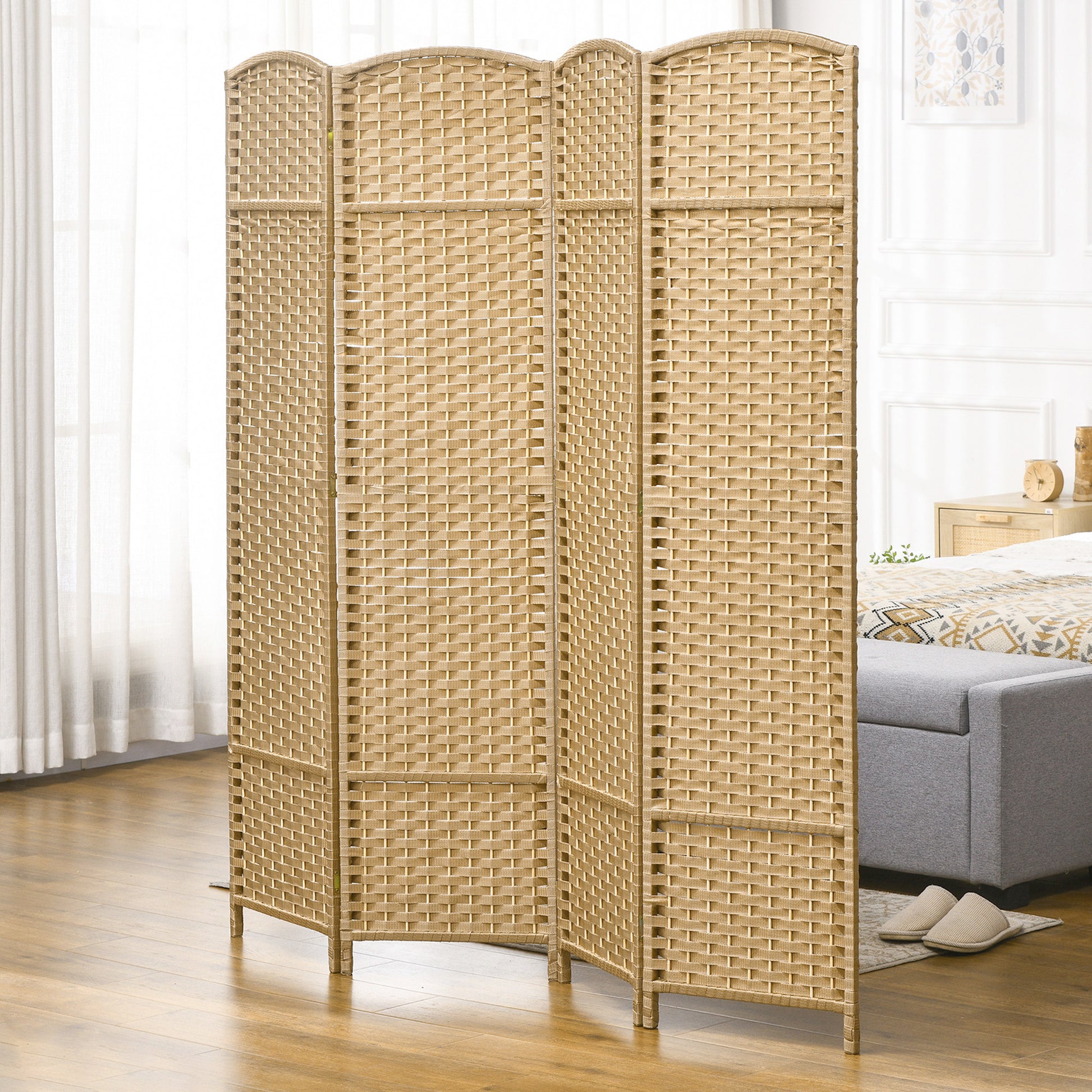 Fourpanel woven room divider in natural beige adds privacy and style