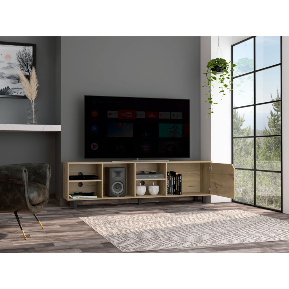 Light oak TV stand with open shelves and a closed cabinet
