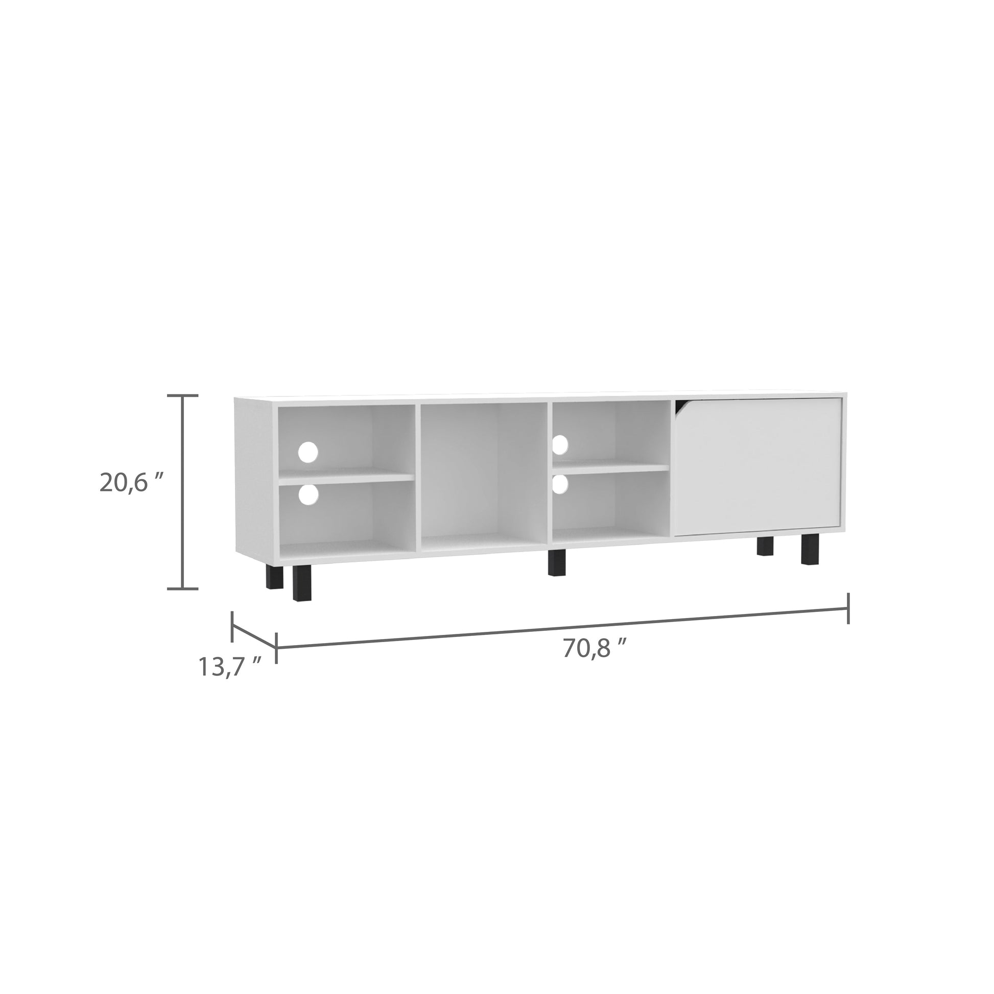 White modern TV stand with open shelves and one closed cabinet compartment