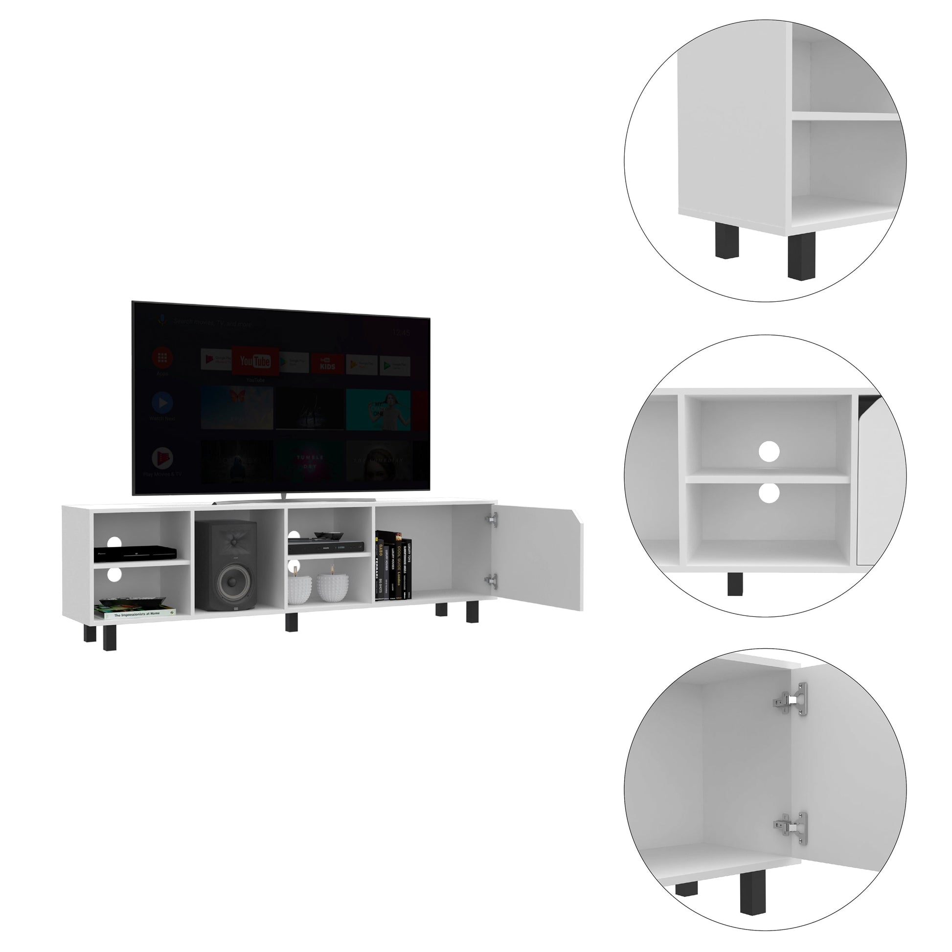 Modern white TV stand with open shelving and cabinet door
