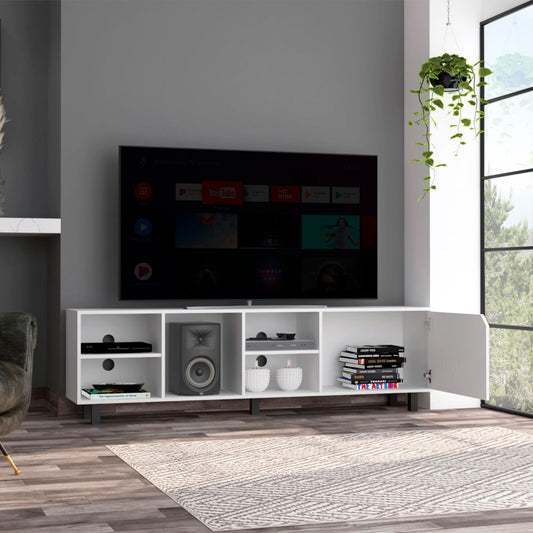 Modern white media console with open shelving for electronics and decorative items