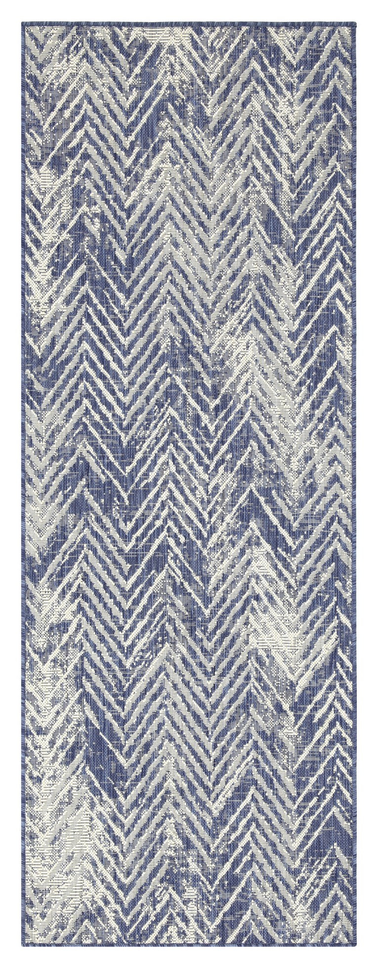 Navy and white chevron patterned area rug with textured weave