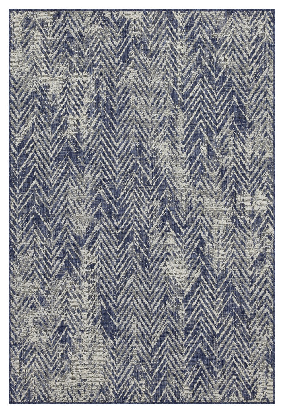 Blue and beige chevron outdoor rug with distressed texture