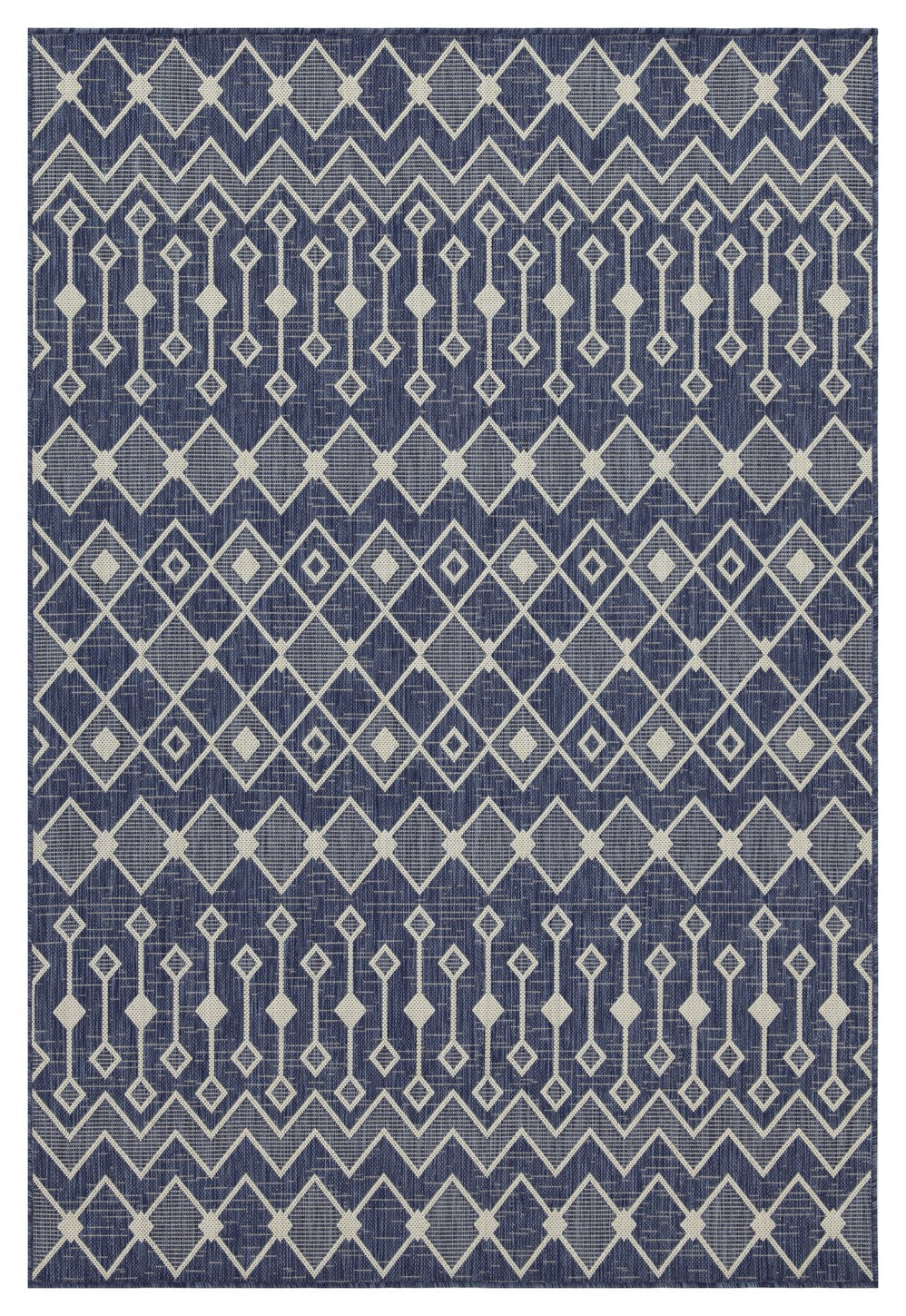 Navy blue area rug with geometric diamond and zigzag patterns in beige