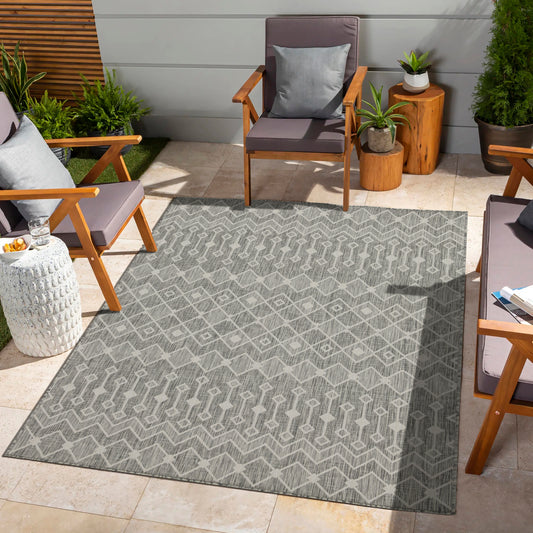 Grey geometric outdoor area rug with abstract diamond pattern