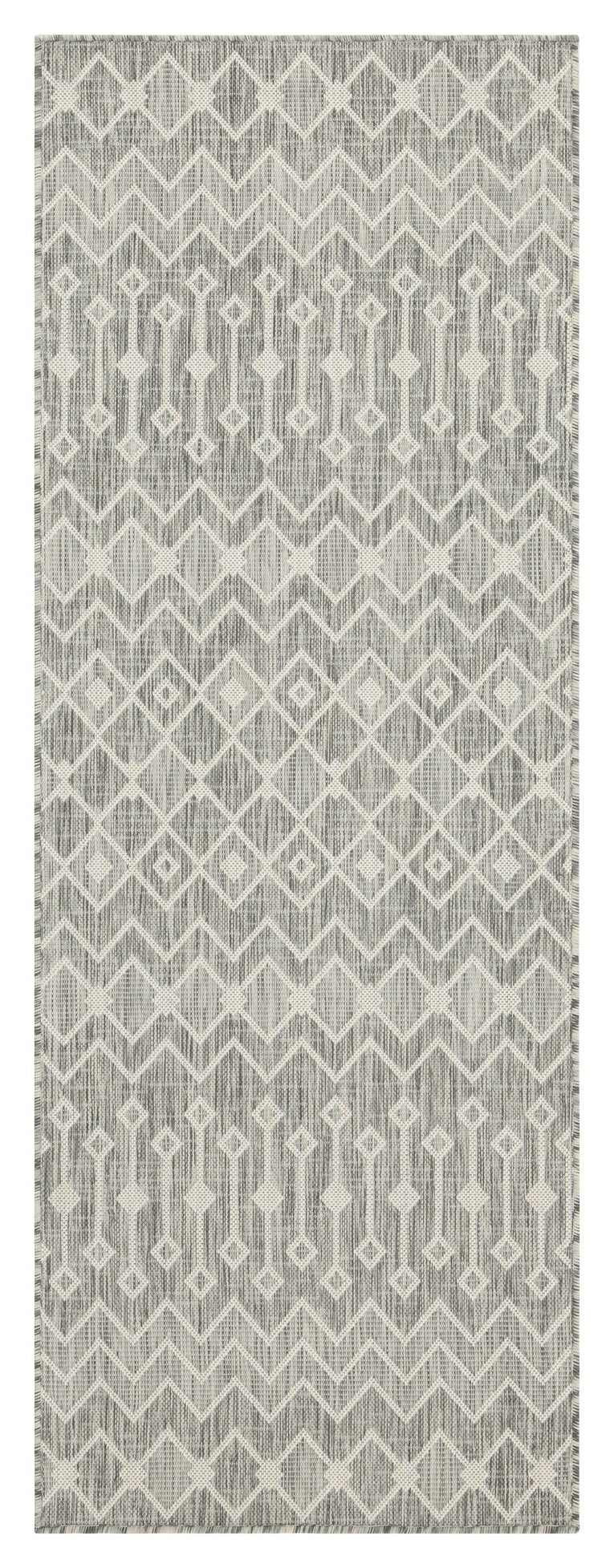 Gray and white geometric pattern outdoor rug with diamond accents