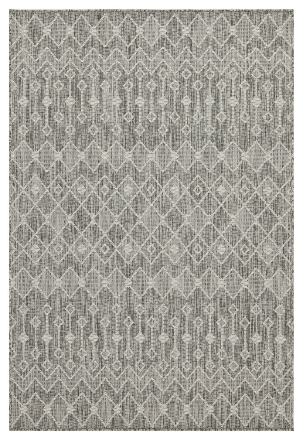 Grey geometric outdoor rug with diamond pattern for patio use