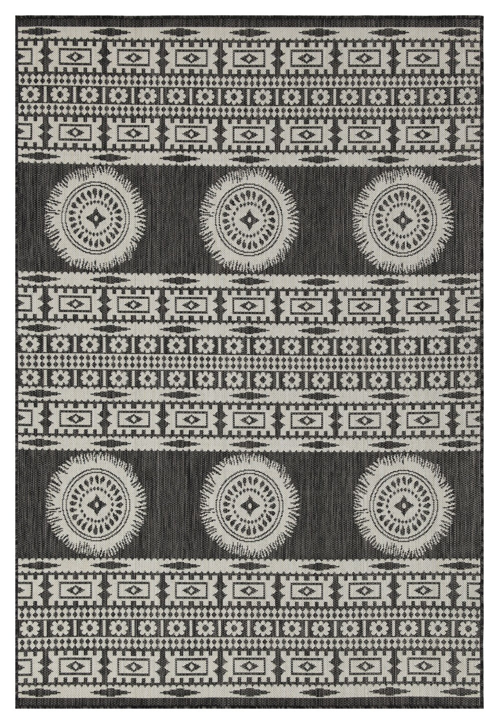 Black and white tribal pattern rug with circular motifs