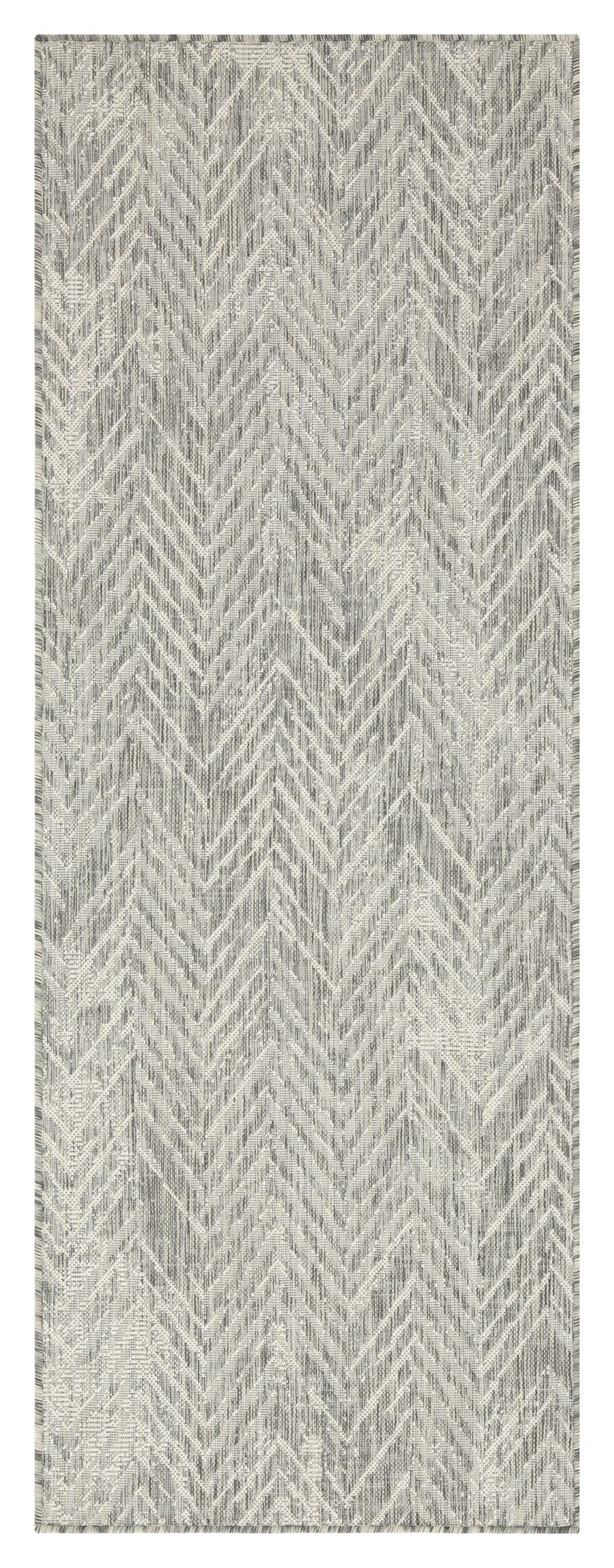 Gray chevron pattern outdoor rug with woven texture and fringed edges