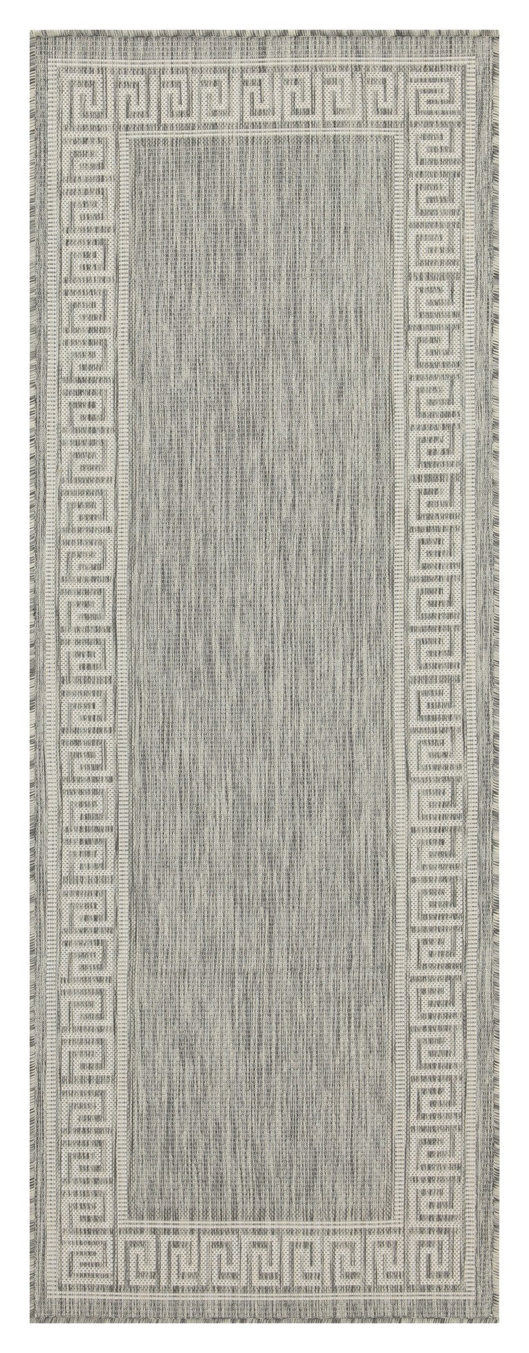 Gray outdoor rug with a white Greek key border and textured center