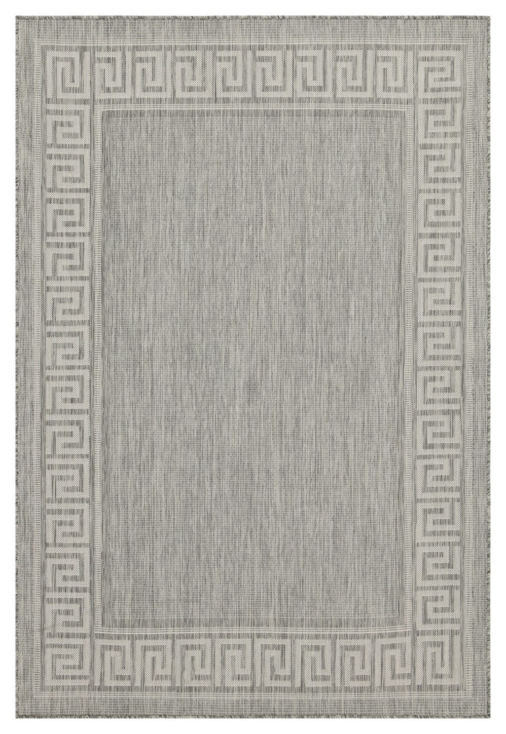 Gray woven area rug with Greek key border pattern and fringed edges