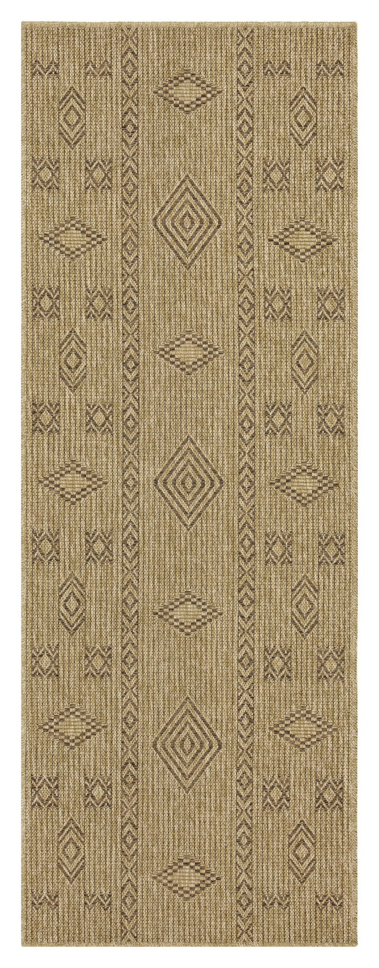 Natural jute area rug with diamond and zigzag tribal patterns in earthy tones for bohemian decor