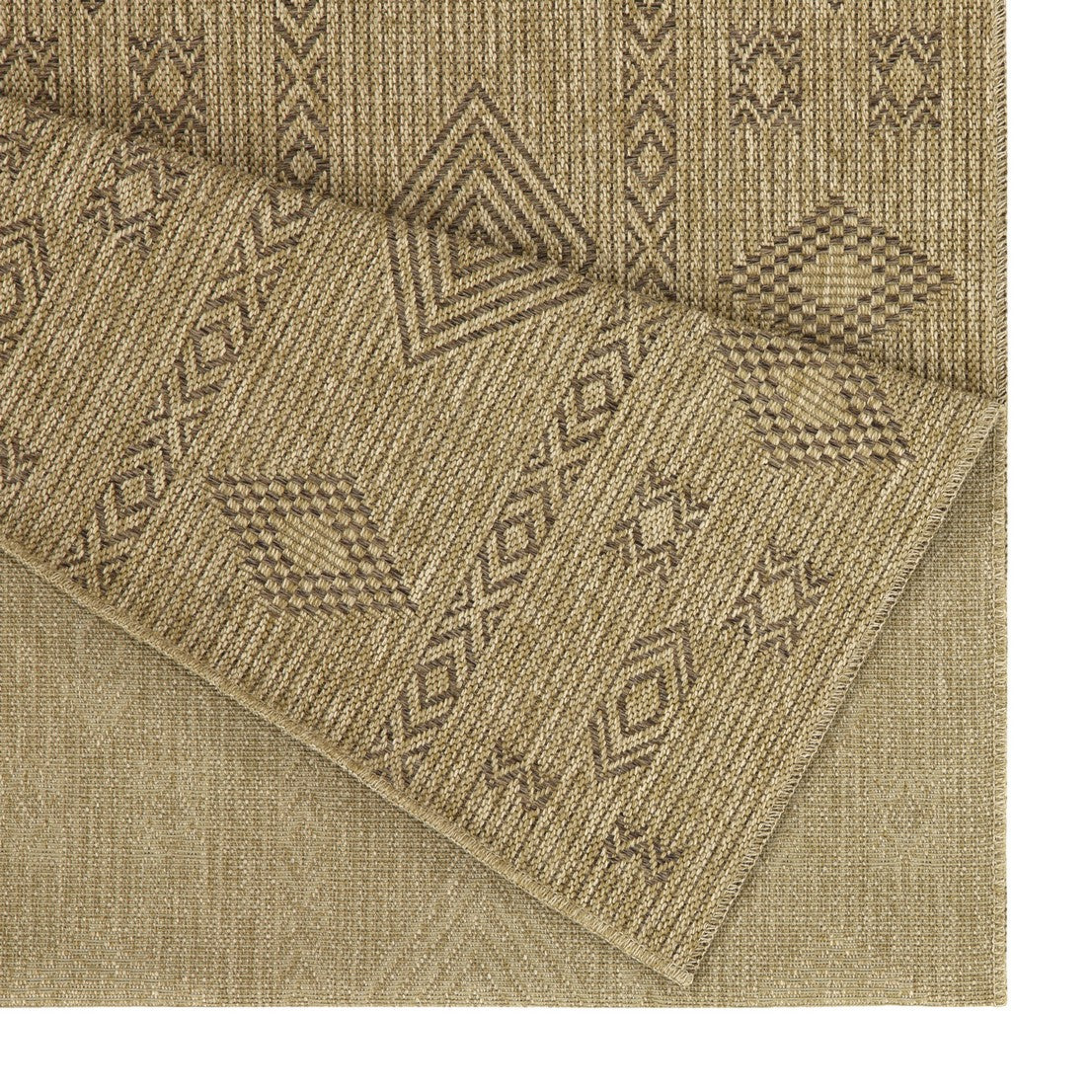 Textured tan rug with diamond geometric pattern woven fabric rug