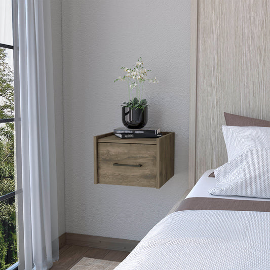 Modern wood grain wallmounted nightstand with one drawer for bedroom storage