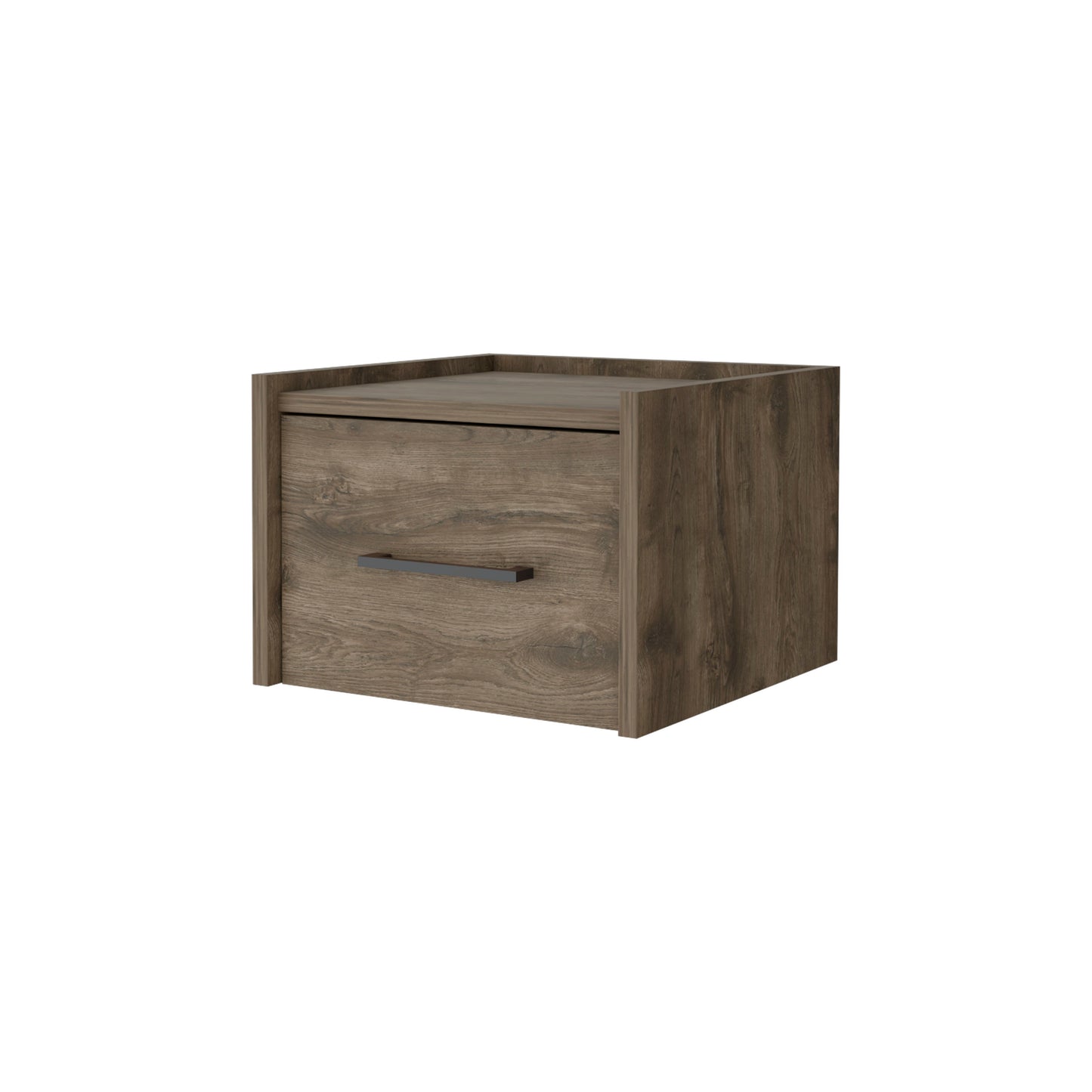 Wooden nightstand with one drawer featuring a modern dark gray handle ideal for bedside storage