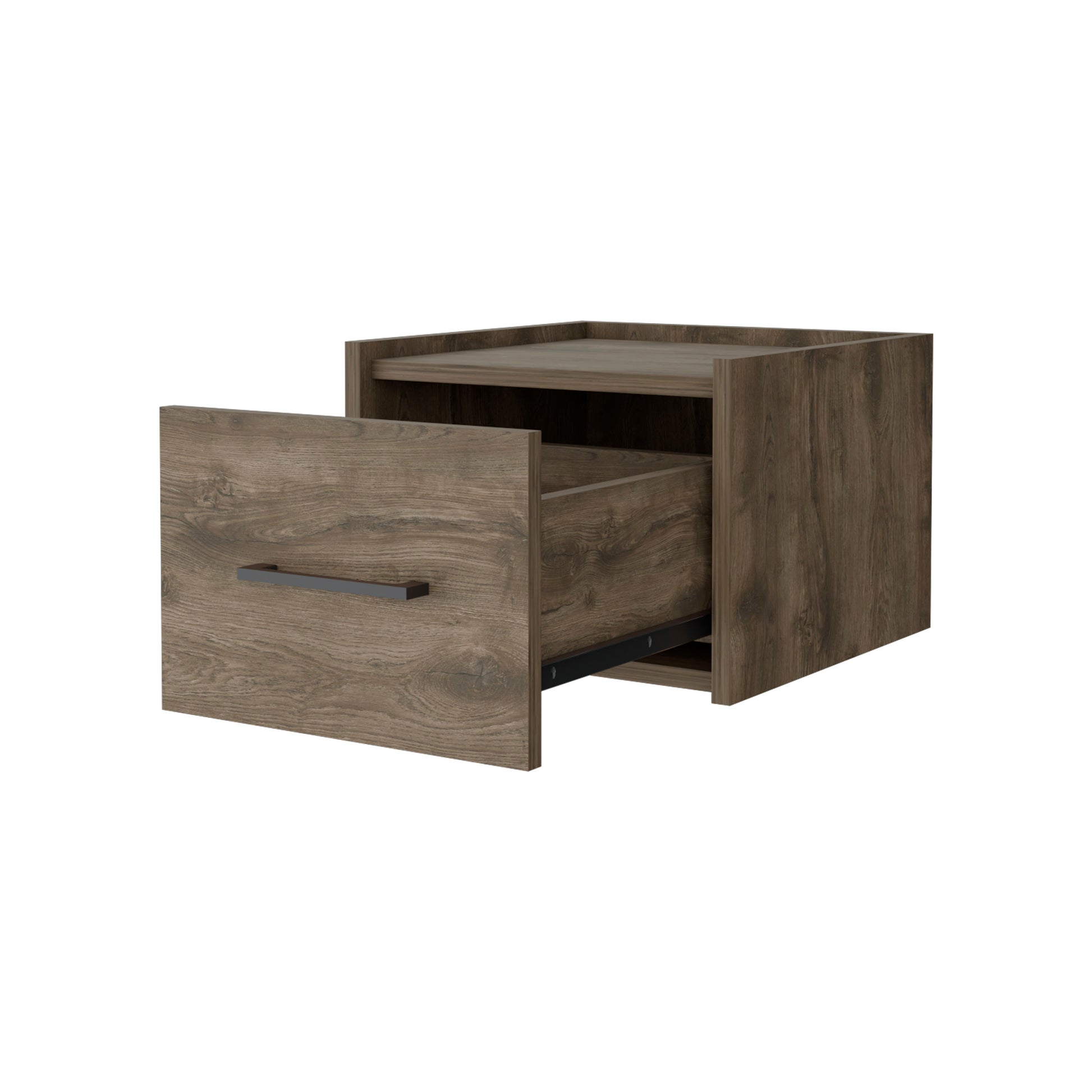 Dark wood floating nightstand with one open drawer and a sleek metal handle