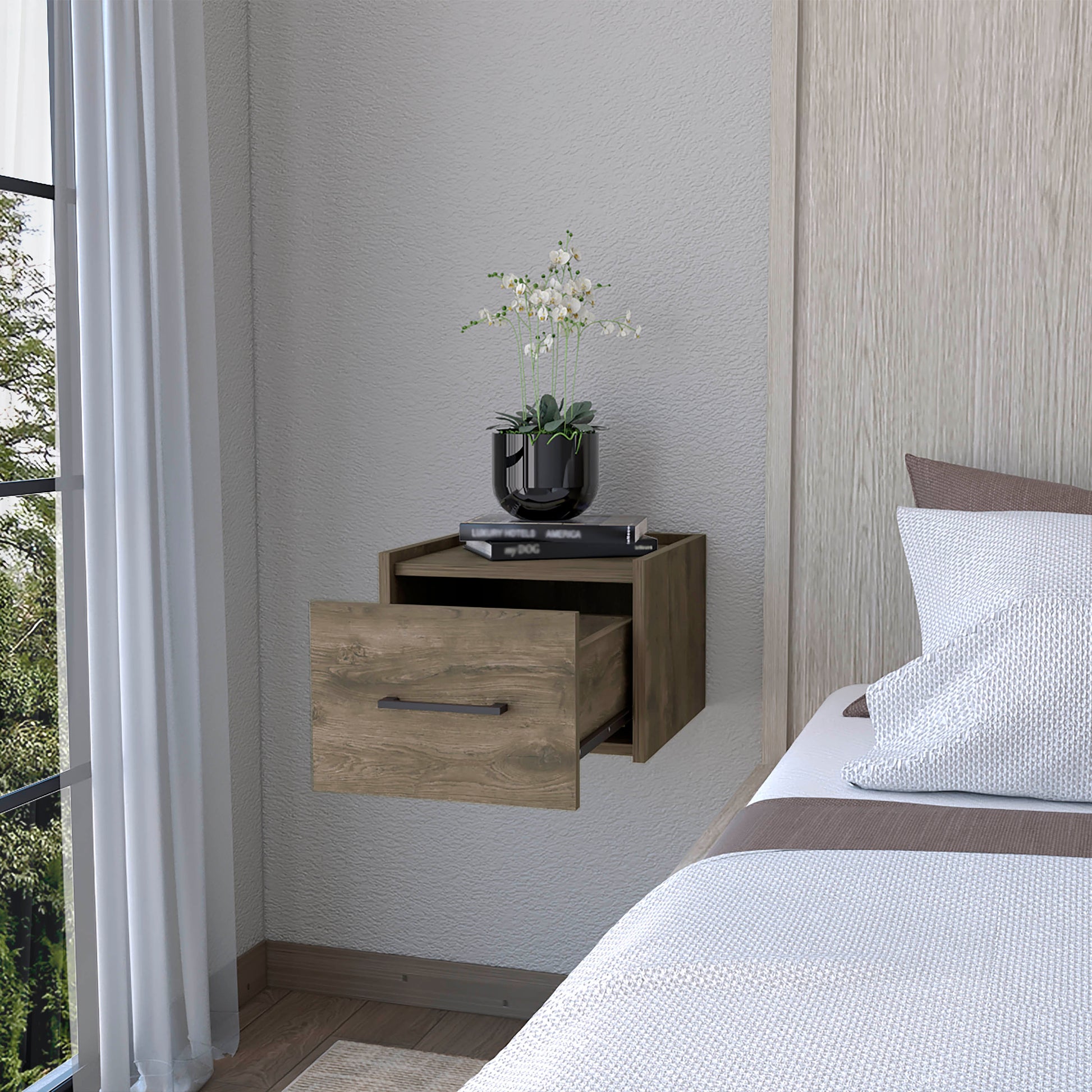 Floating nightstand with weathered wood finish one drawer open minimal design for modern bedrooms