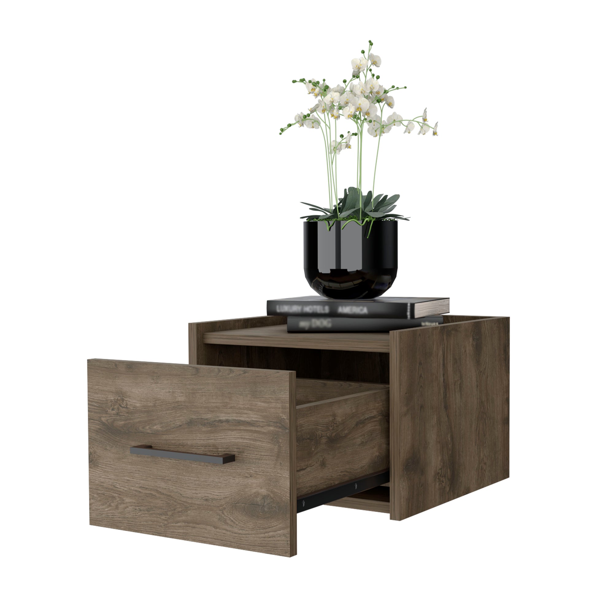Modern brown wood nightstand with open drawer and decorative orchid plant