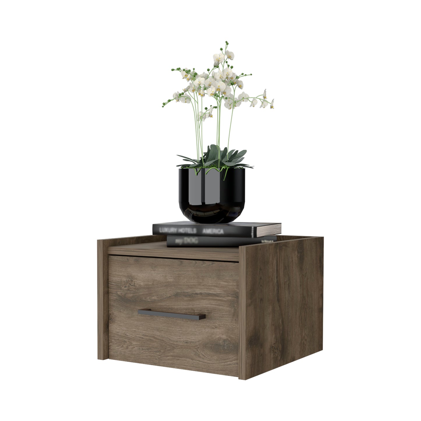Modern brown wood nightstand with a single drawer and decorative white orchids