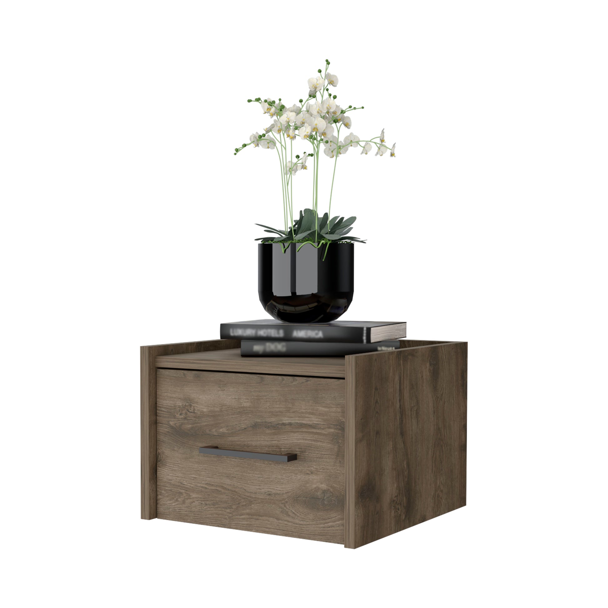Modern brown wood nightstand with a single drawer and decorative white orchids