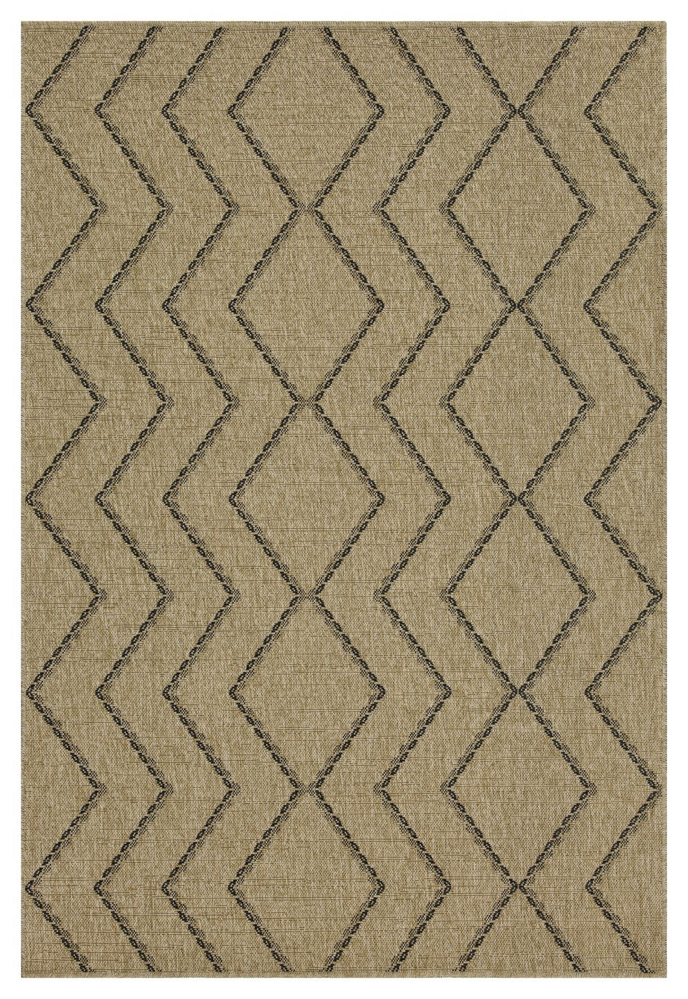 Tan woven rug with a repeating geometric diamond pattern in dark gray
