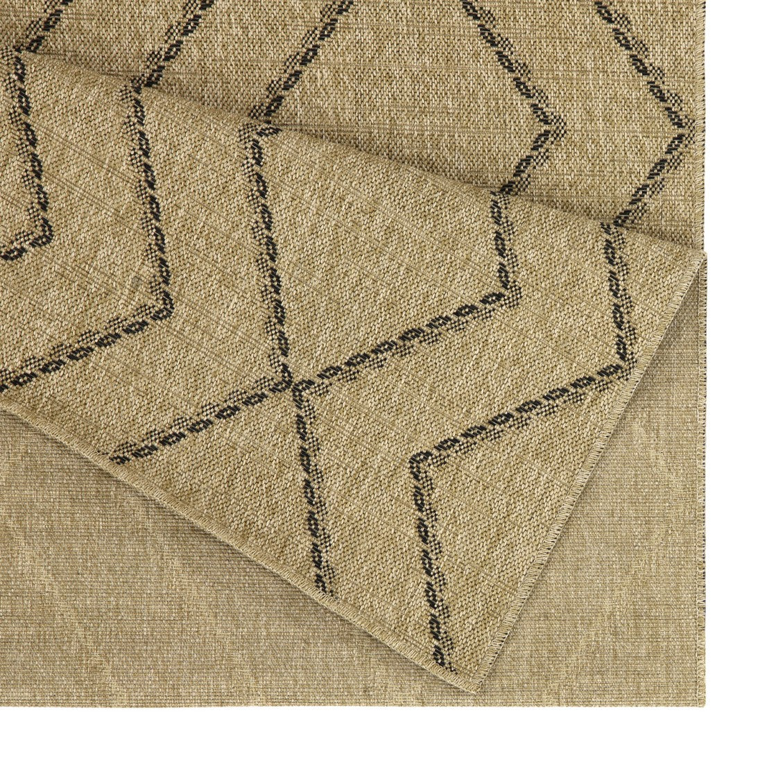 Tan woven rug with black diamond pattern durable for indooroutdoor use