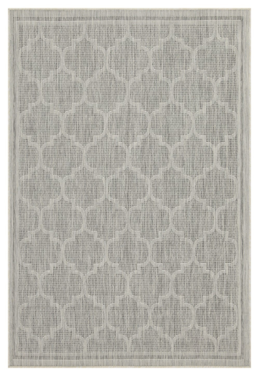 Light gray outdoor rug with interlocking geometric pattern