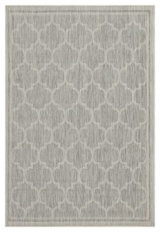 Light gray outdoor rug with interlocking geometric pattern