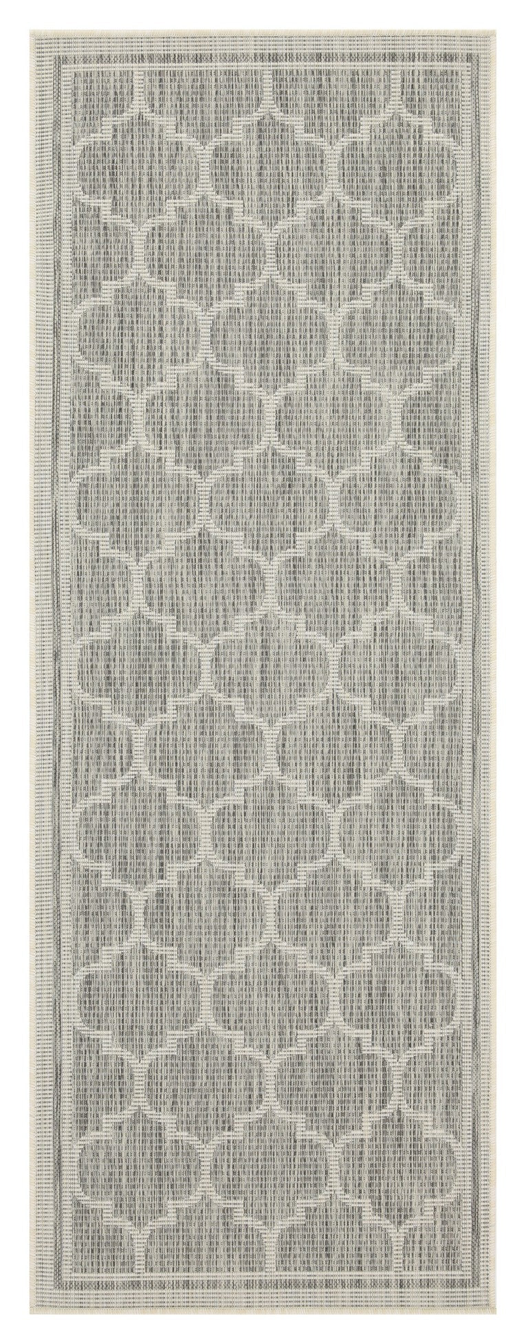 Geometric trellis outdoor rug in grey and white perfect for patios