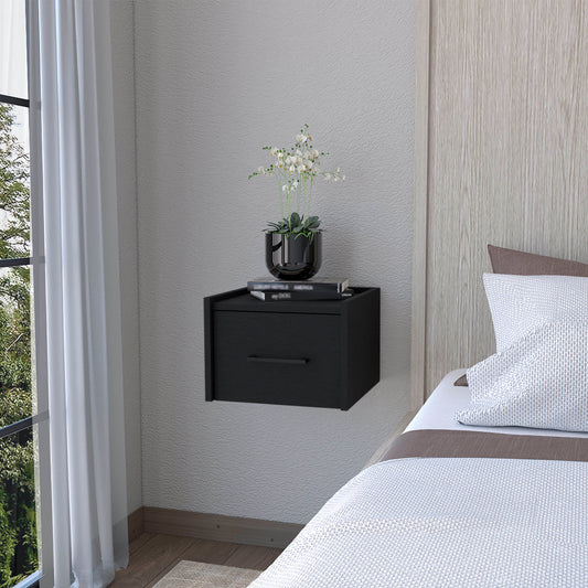 Black floating nightstand with single drawer and metallic handle