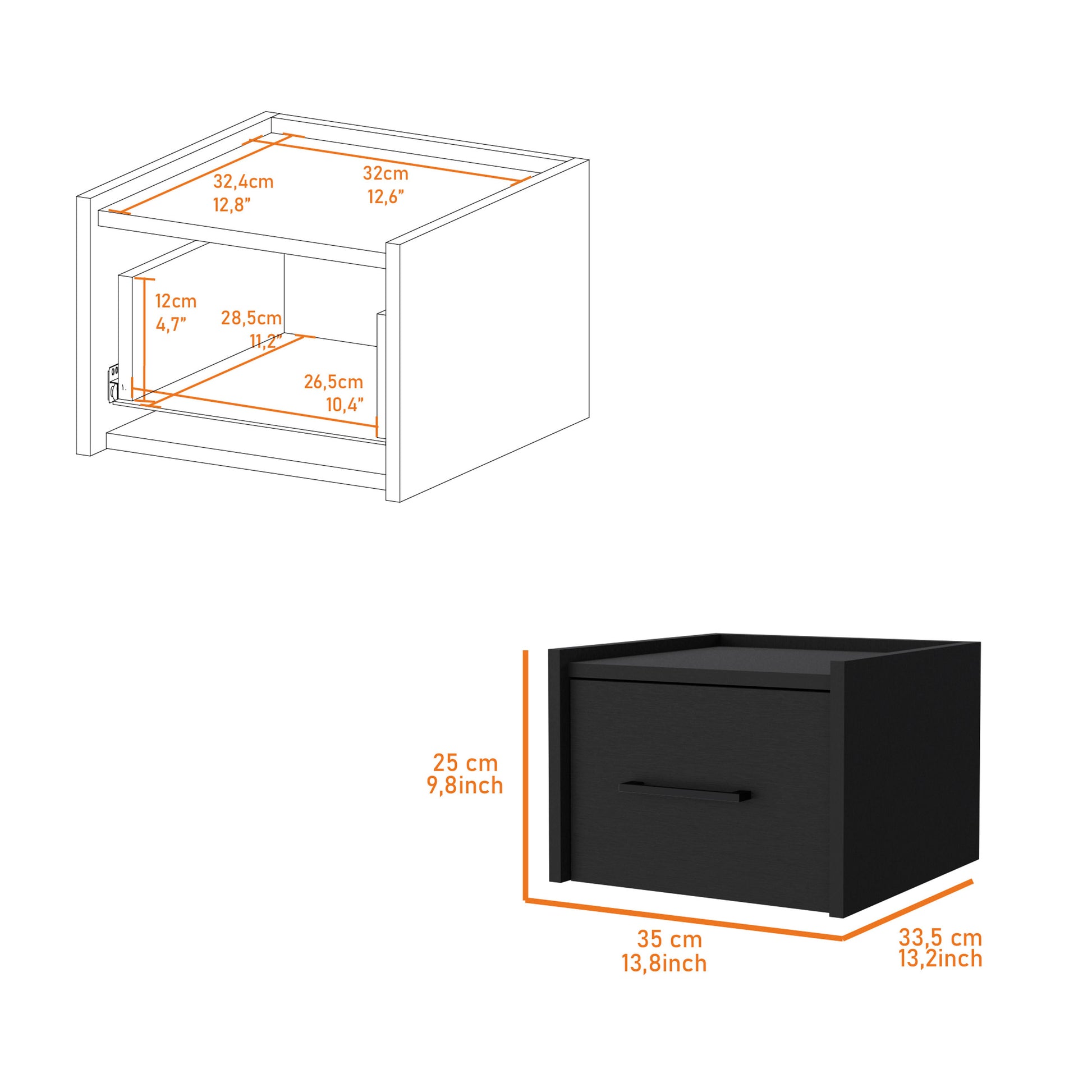 Diagram of a black bedside table with dimensions for storage unit