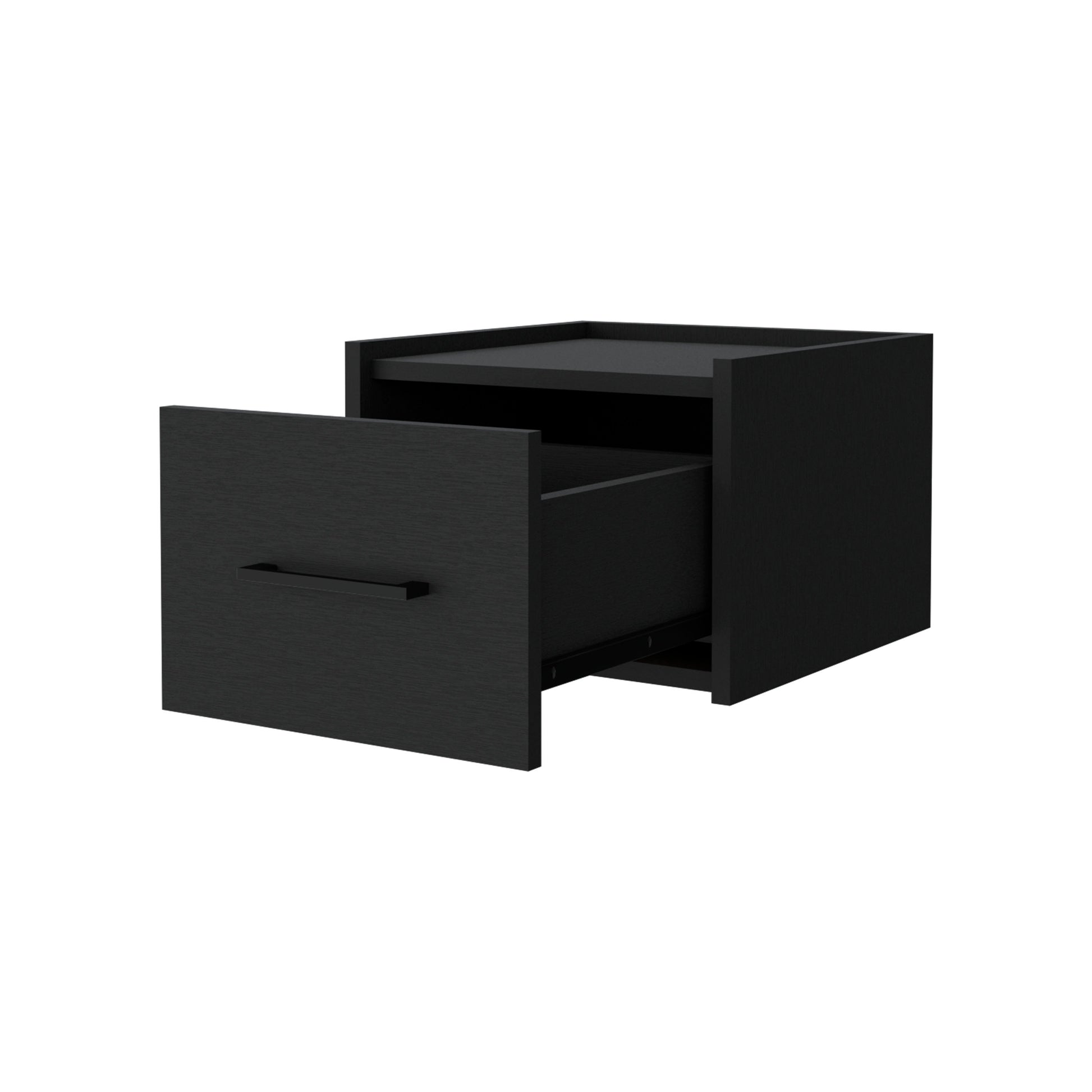 Black modern bedside table with open drawer and metal handle